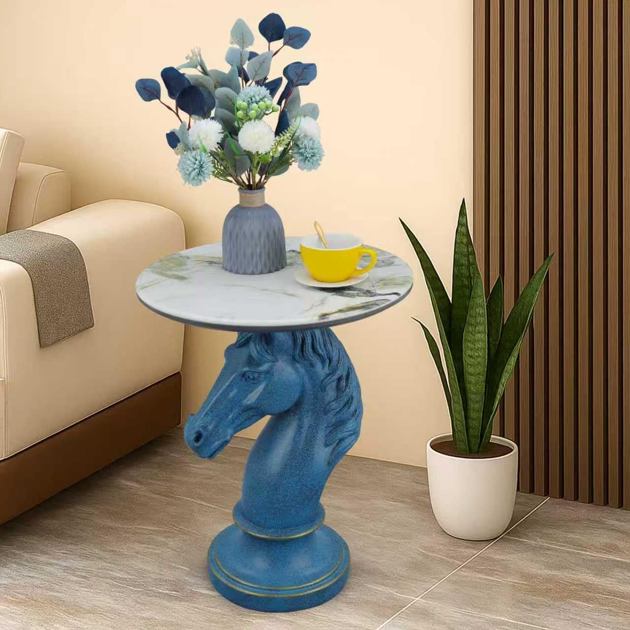 Sculptural Horse Head Side Table, Artistic End Table with Faux Marble Top, Modern Accent Table for Living Room, Unique Home Decor Gift for Housewarming, 19.69' W x 24.8' H