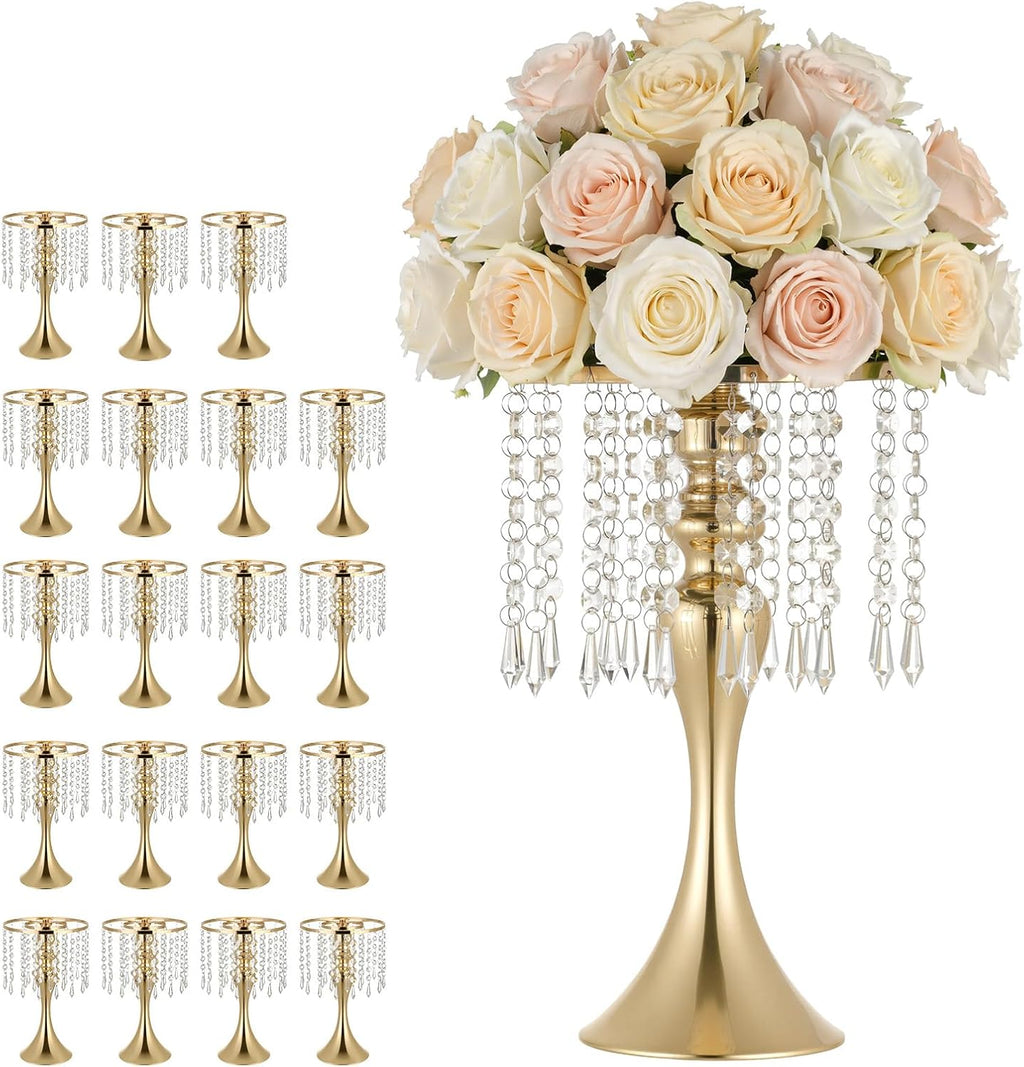 VEVOR 20 PCS Wedding Flower Vase, 13.4 in Tall Flower Table Centerpieces, Crystal Banquet Vases Easy Installation, Electroplated Finish, Versatile Arrangement Stand for Party Events Home Decor, Gold