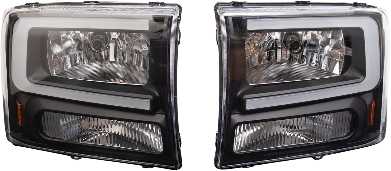 TRQ 2 Piece Headlight Assembly Set Performance Halogen LED C Light Bar Black Bezel Driver & Passenger Side Compatible with Ford Excursion 2000-2004 F250 F350 Super Duty 1999-2004 FO2502147 FO2503147