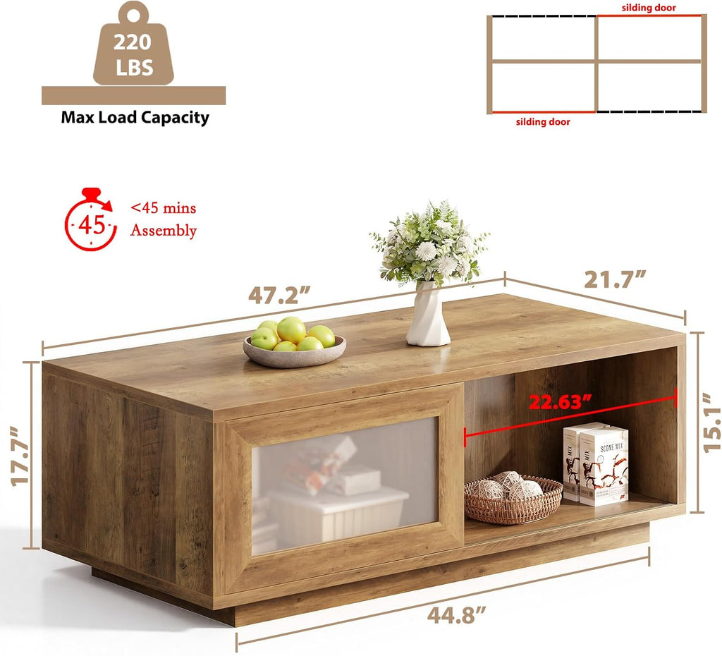HSH Rustic Coffee Table for Living Room, 47 Inch Modern Wood Rectangle Coffee Tables with Sliding Door and Storage Open Shelf, Large Low Center Table for Home Decor, Rustic Oak