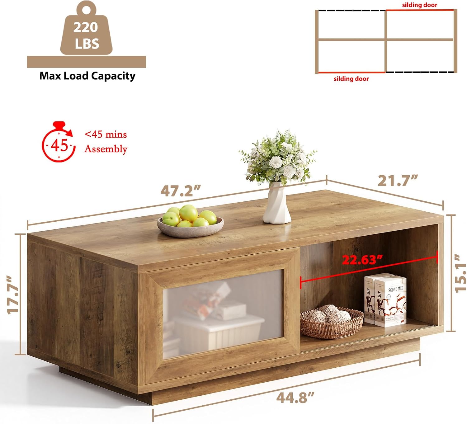 HSH Rustic Coffee Table for Living Room, 47 Inch Modern Wood Rectangle Coffee Tables with Sliding Door and Storage Open Shelf, Large Low Center Table for Home Decor, Rustic Oak