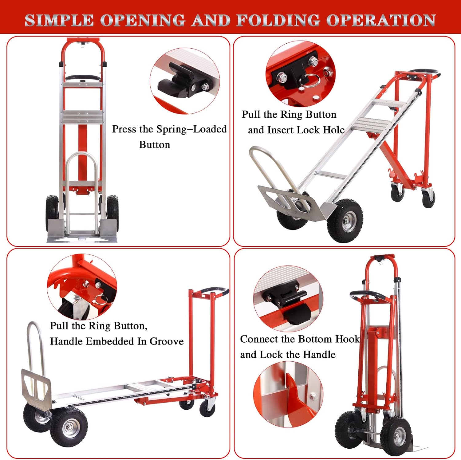 3-in-1 Industrial Aluminum Dolly Hand Truck,Convertible Hand Truck Dolly,1000 Lbs Capacity Hand Trucks Heavy Duty with PU Solid Wheels and Cargo Straps for Moving and Transport (red)