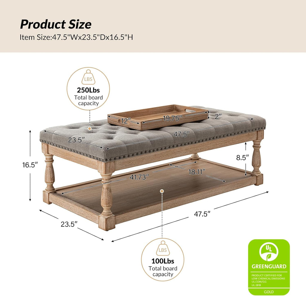 HULALA HOME Rectangle Ottoman Coffee Table with Tray, Large Tufted Fabric Coffee Table with Wood Shelf Storage for Living Room, Grey