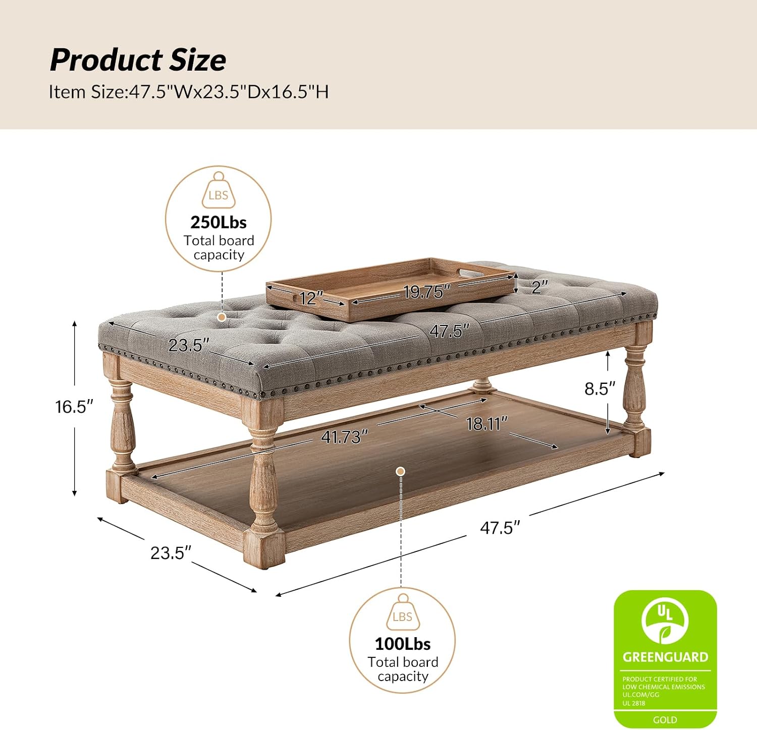 HULALA HOME Rectangle Ottoman Coffee Table with Tray, Large Tufted Fabric Coffee Table with Wood Shelf Storage for Living Room, Grey