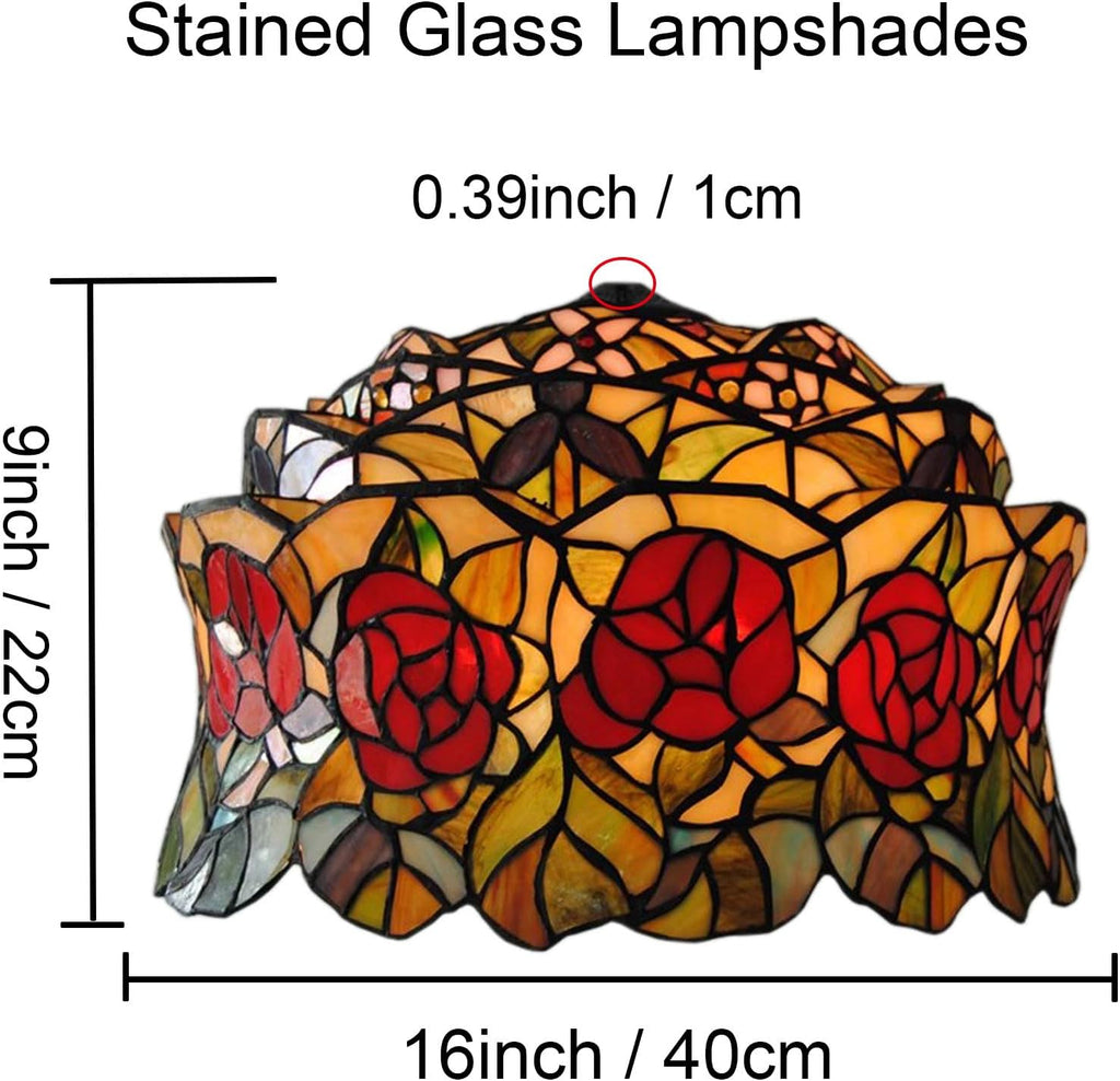 Tiffany Lamp Shade Replacement Only 16X9 Inch Rose Stained Glass Lampshades, Vintage Red Flower Hat Light Cover for Table Lamp Floor Lamp Hanging Pendant lamp Ceiling Light