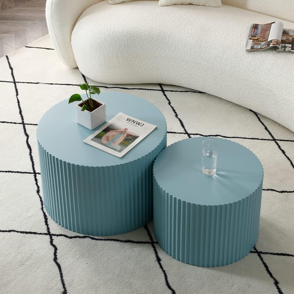 WILLIAMSPACE Nesting Coffee Table Set of 2, Matte Blue Round Wooden Coffee Tables, Modern Luxury Side Tables Accent End Table for Living Room Apartment, 23.62'*23.62'*15.75'H (Blue-Round)