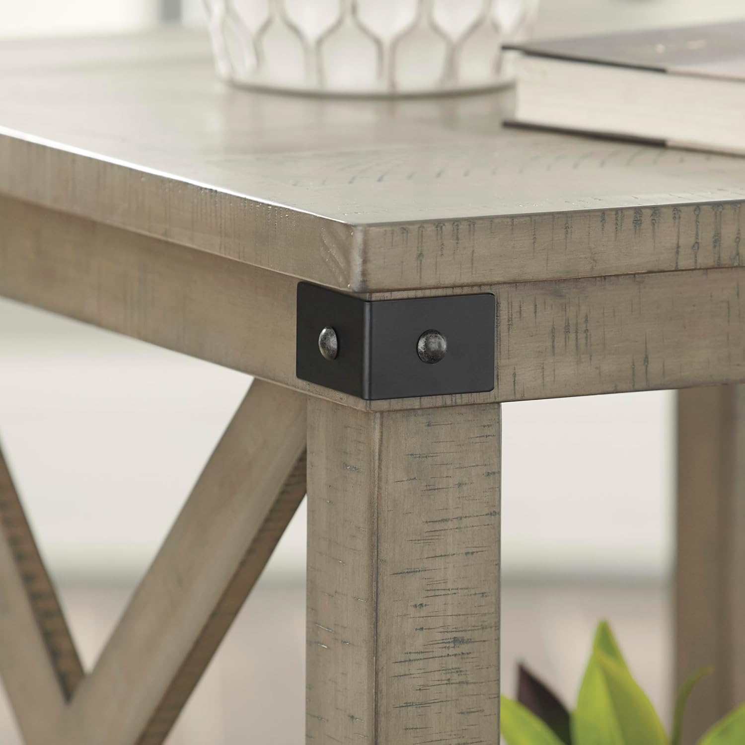 Signature Design by Ashley Aldwin Casual Farmhouse Rectangular End Table with Crossbuck Details, Metal Bracket Accents, Wood, 25' High, Weathered Gray