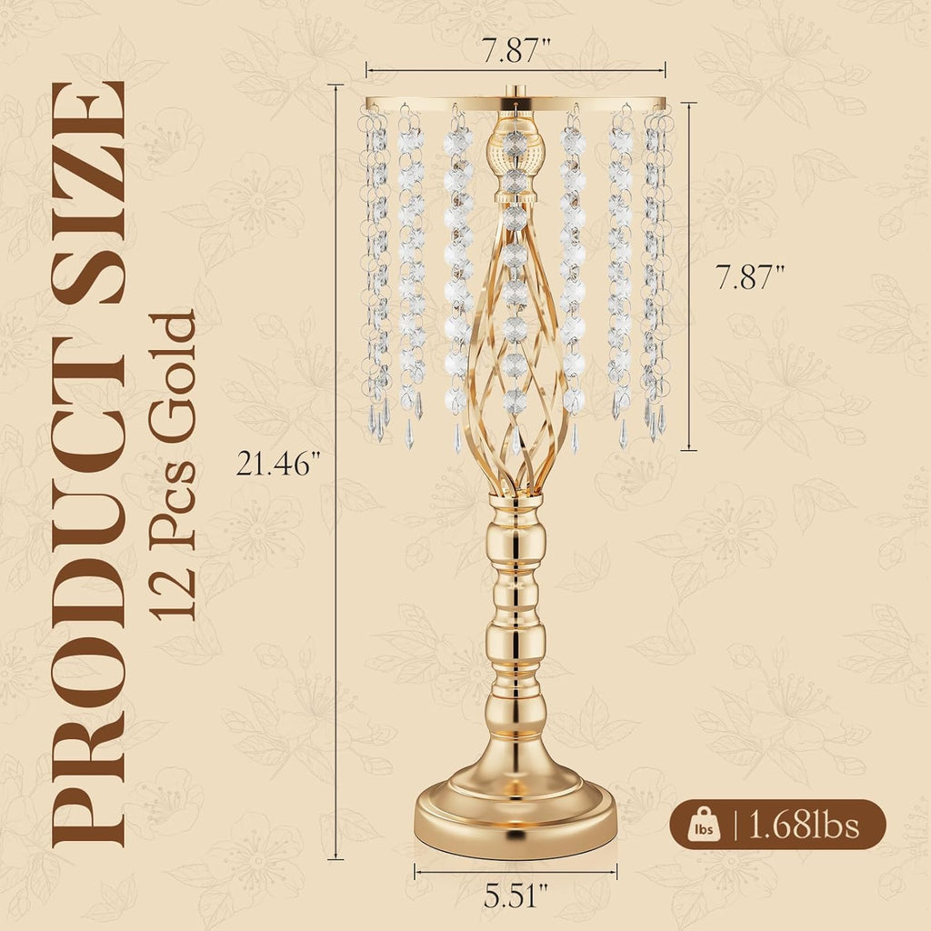 12 Pcs 21.7 Inch Tall Gold Centerpieces For Table Wedding-Metal Flower Gold Vases For Centerpieces For Wedding Reception With Crystal Fringe-Flower Stand For Wedding, Birthday(Centros De Mesa)