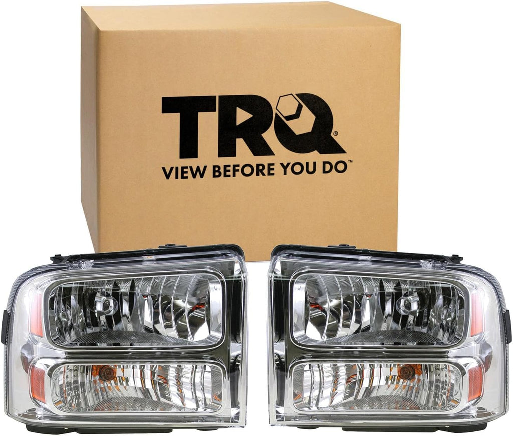 TRQ Driver and Passenger Side Headlight Assembly Set Chrome Housing Compatible with 05 Ford Excursion 04-07 Ford F-250 Super Duty XL 04-07 F-350 Super Duty XL