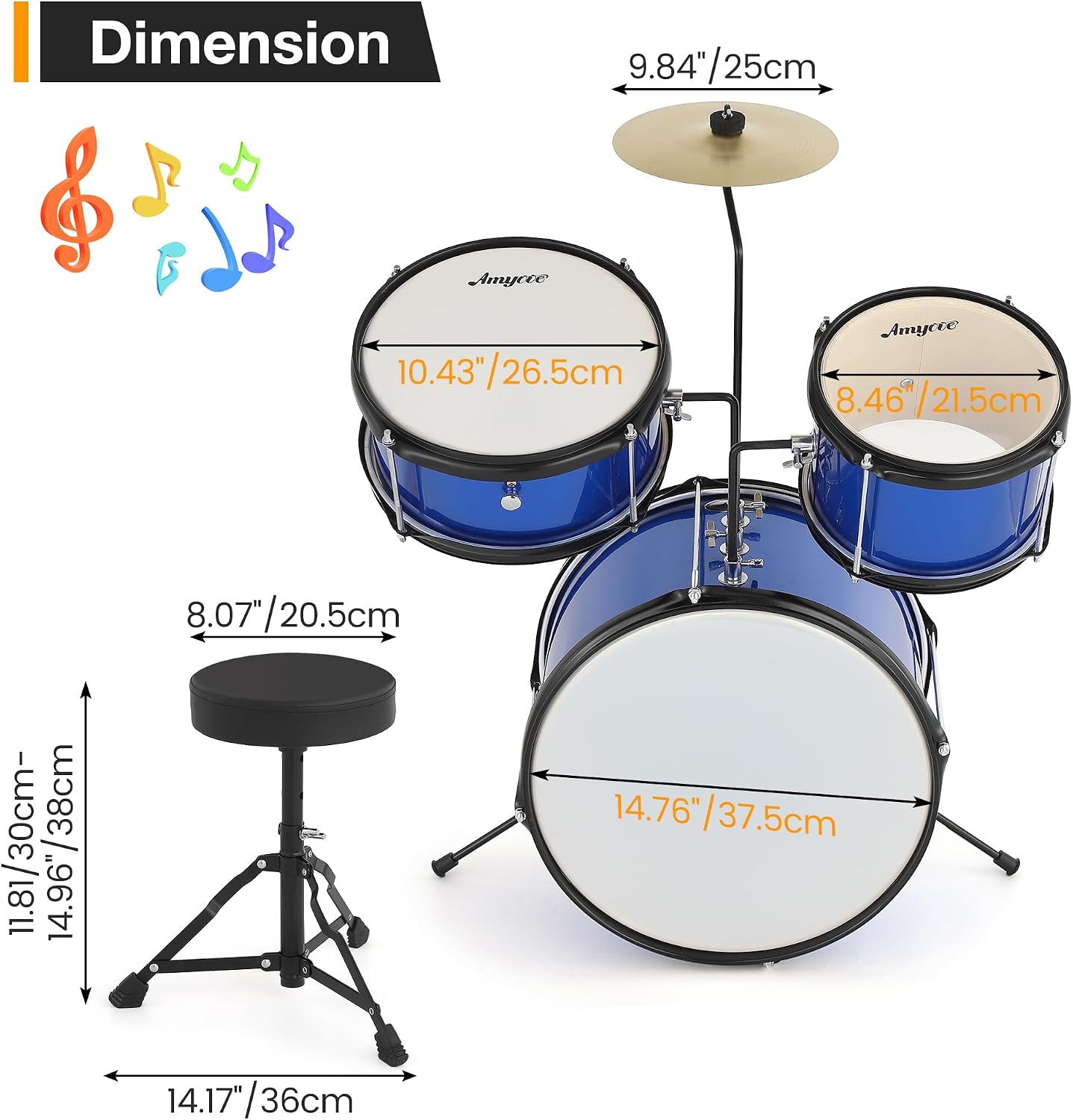 3-Piece Beginner Drum Set, Beginner Drum Set,with Bass Tom Snare Drum, 14 Inch Drum Kit with Snare, Cymbal, Drumsticks, Adjustable Seat (Blue)