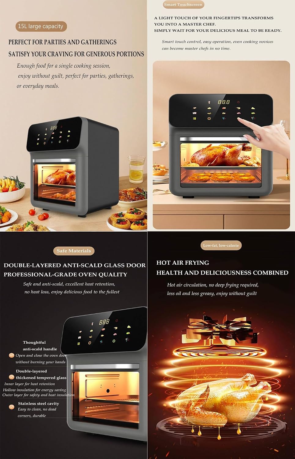 15L See-Through Visual Air Fryer with LED Light, 1800W Multi-Function Oven for Frying, Grilling, Roasting, Healthy Cooking, Large Capacity Kitchen Appliance