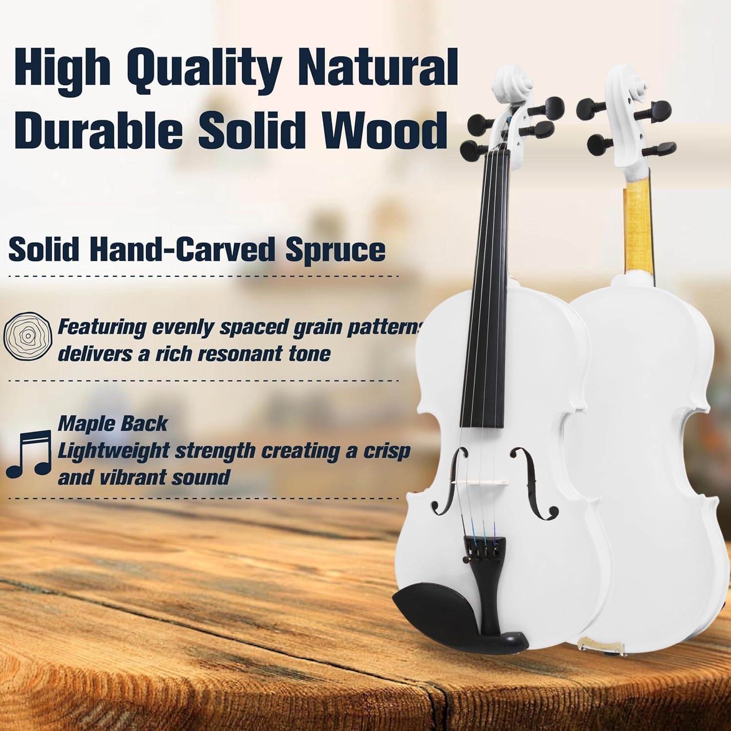 Mendini By Cecilio Violin 4/4 Full Size For Beginners - Fiddle Solidwood Kit with Hard Case - Acoustic Violins with Bow, Rosin, Tuner, Extra Strings & Bridge, Shoulder Rest and Lesson Book (White)