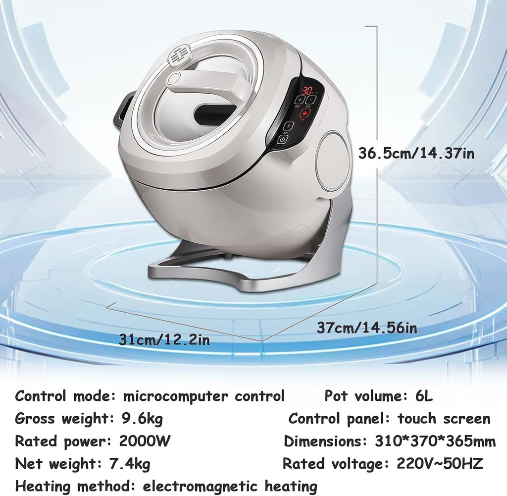 2000W Commercial Food Processor & Automatic Cooker, 6L Stainless Steel Pot with 360° Rotation and 3D Heating, 3 Speed Modes for Stir Frying Soup Rice, Home and Restaurant Kitchen Appliance