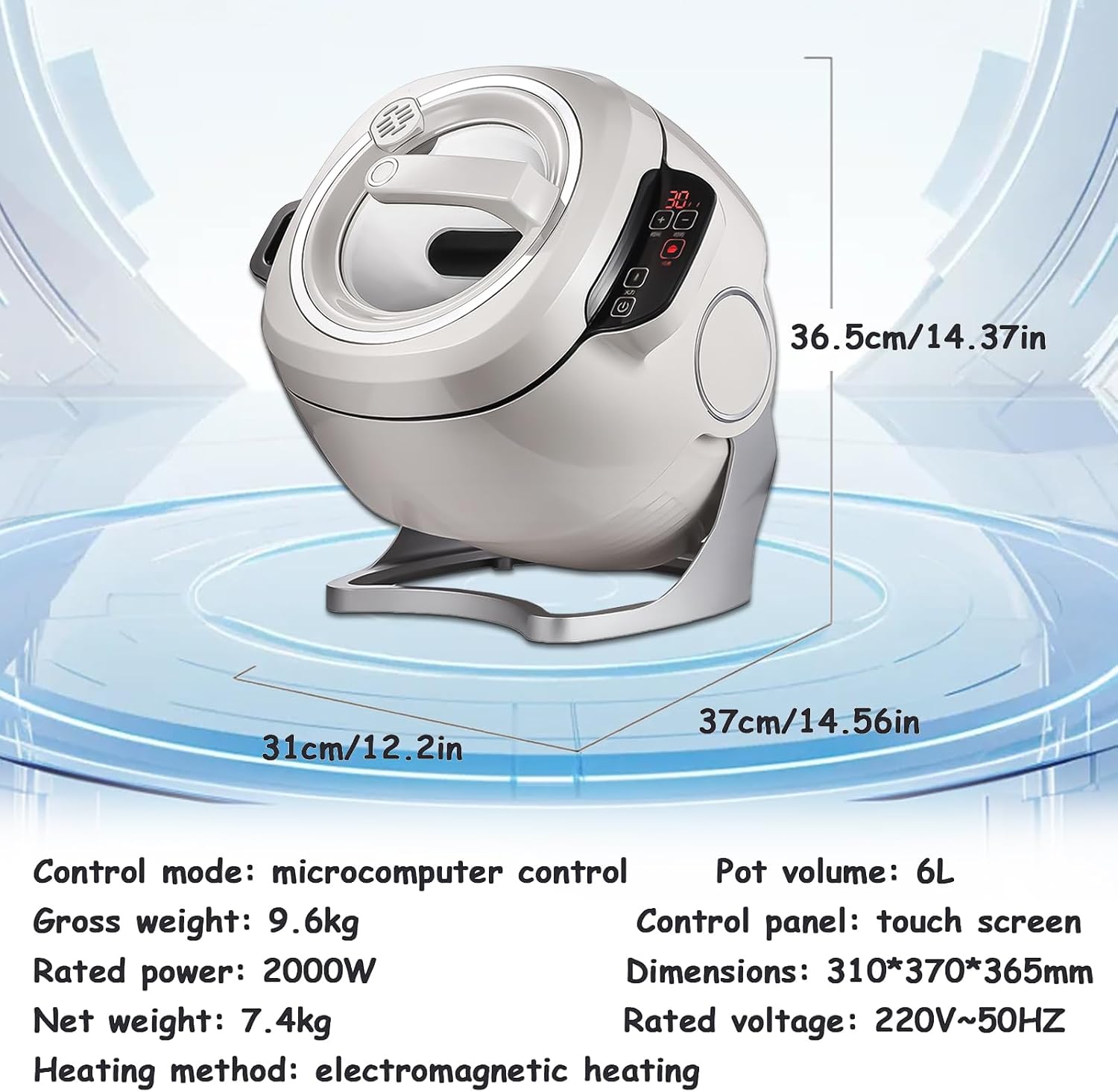 2000W Commercial Food Processor & Automatic Cooker, 6L Stainless Steel Pot with 360° Rotation and 3D Heating, 3 Speed Modes for Stir Frying Soup Rice, Home and Restaurant Kitchen Appliance