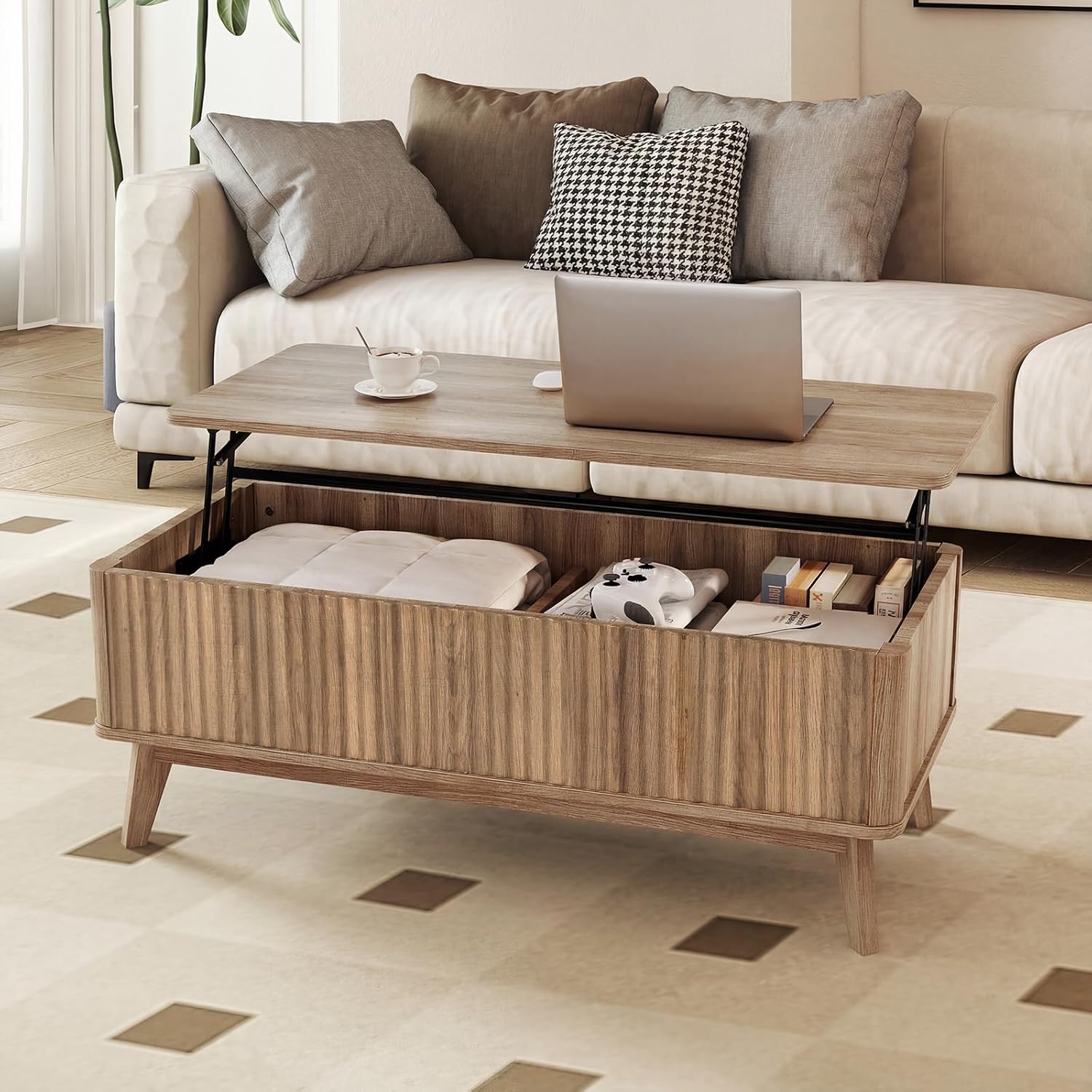 Giantex Lift Top Coffee Table with Storage, 43.5' Mid Century Modern Center Table with Solid Wood Leg & Hidden Compartment, Minimalist Fluted Living Room Table for Home Office, Oak