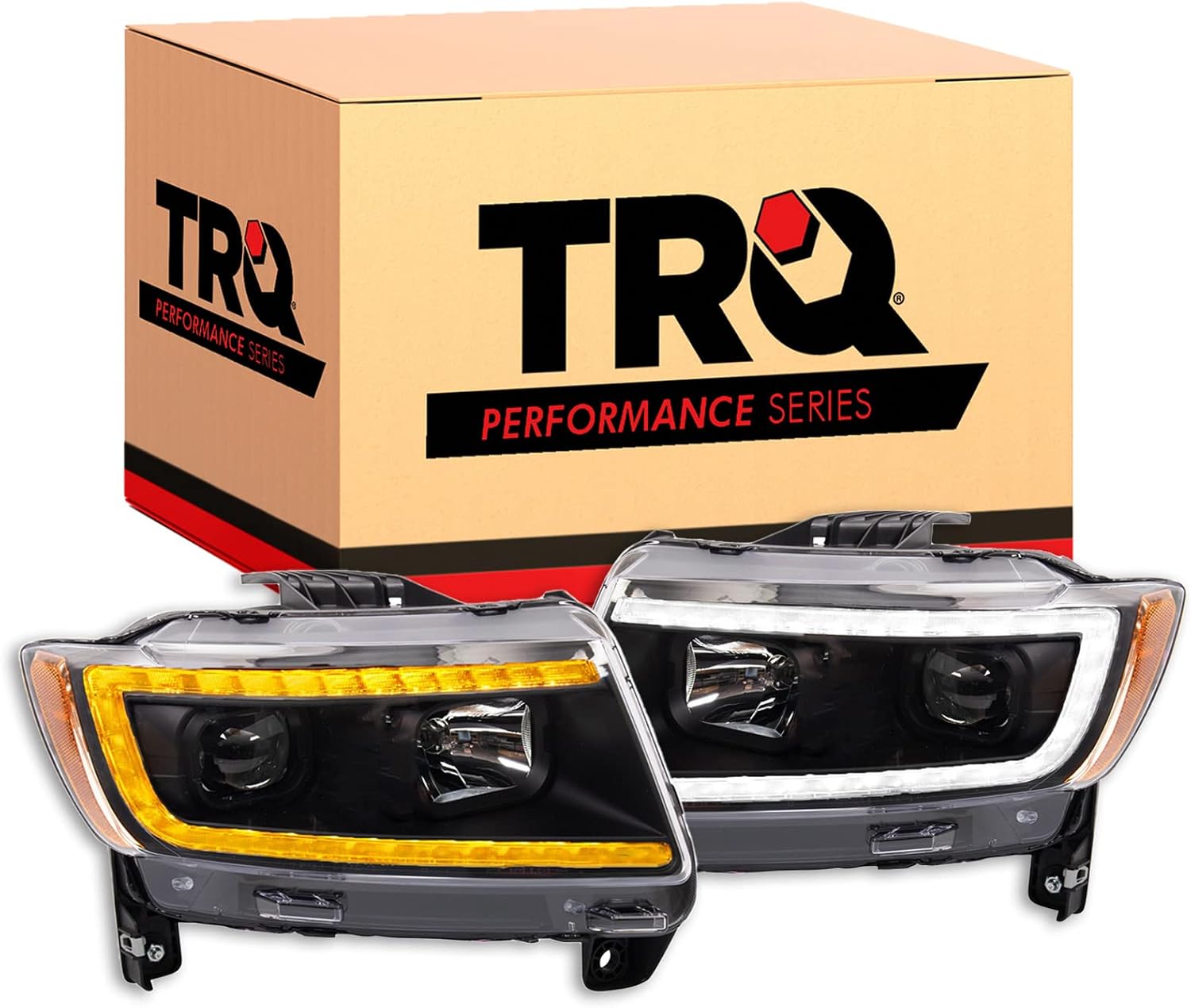 TRQ Performance Driver and Passenger Side Headlight Assembly Set Black Housing Compatible with 11-13 Jeep Grand Cherokee Halogen Only