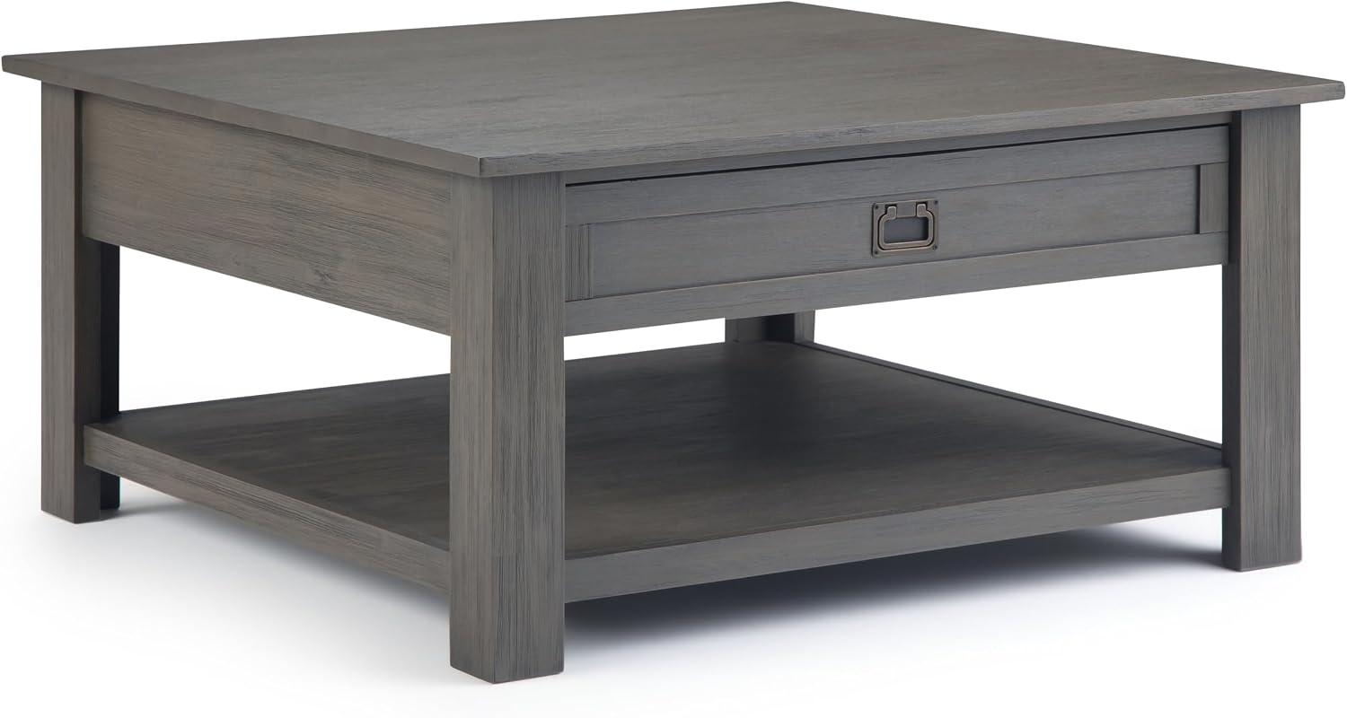 SIMPLIHOME Monroe Square Coffee Table - 38' Wide x 19' High Solid Acacia Wood Living Room Table in Farmhouse Grey, Rustic Cocktail Table for Family Room or Lounge with 2 Drawers and Open Shelf