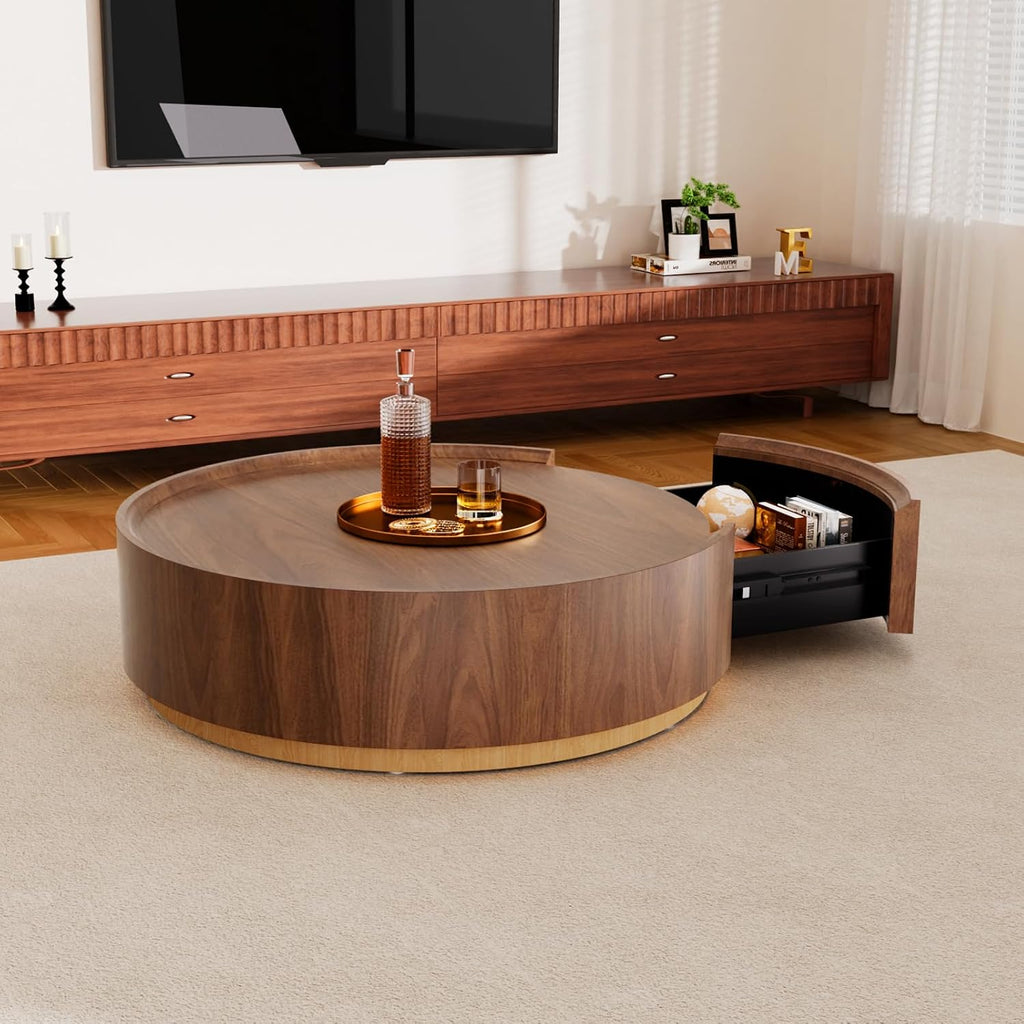 35.4' Round Coffee Table with Storage, Mid Century Modern Coffee Table with Hidden Drawer, Wooden Circle Center Tables, Drum Accent Tea Tables for Living Room Small Spaces (Walnut with Drawer)