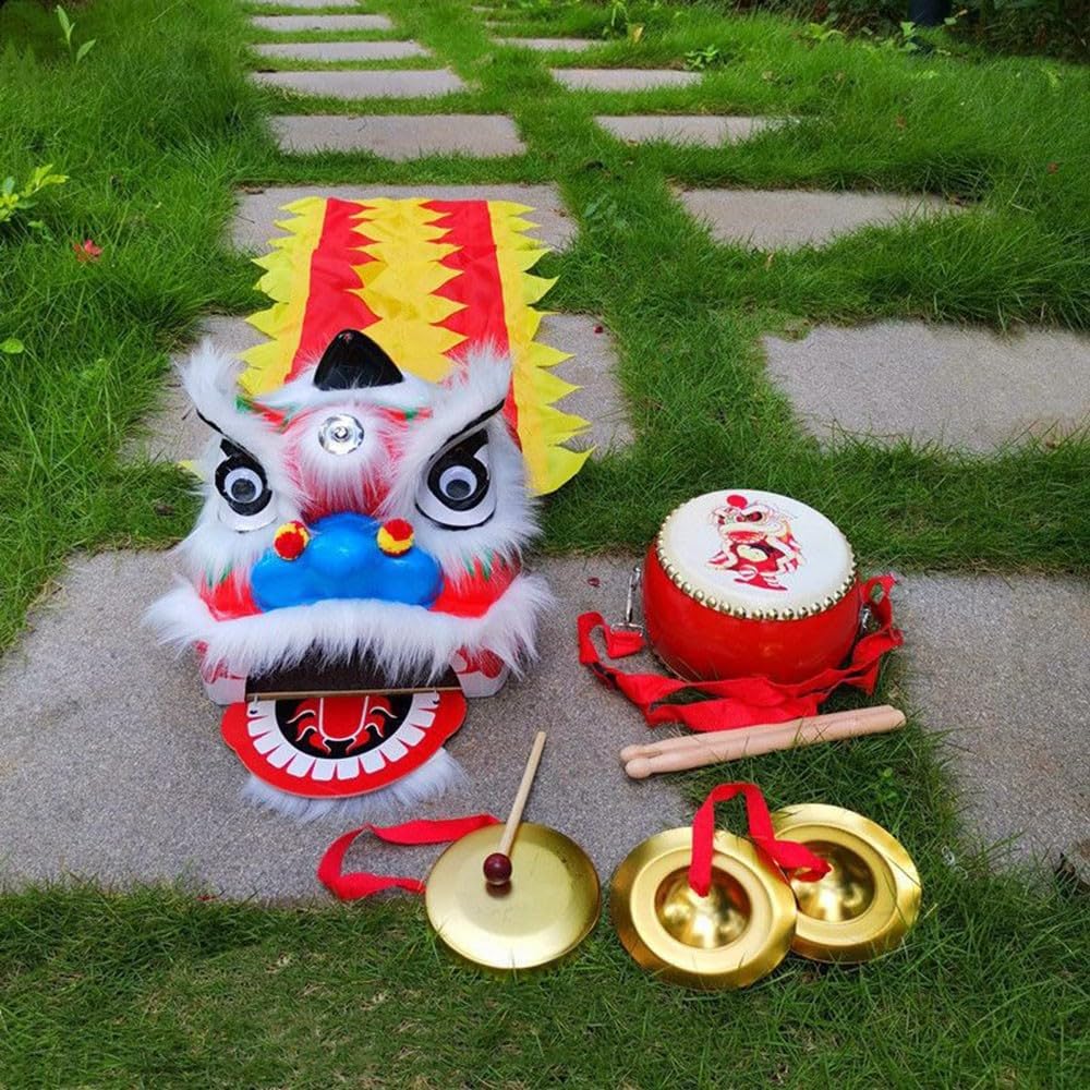 14 Inch Lion Dance Chinese New Year Lion Dance Outdoor Sports Costume Drum Gong Cymbals Dragon and Lion Dance Costume for 512 Age Boy Girl Party Carnival Festivall(White)