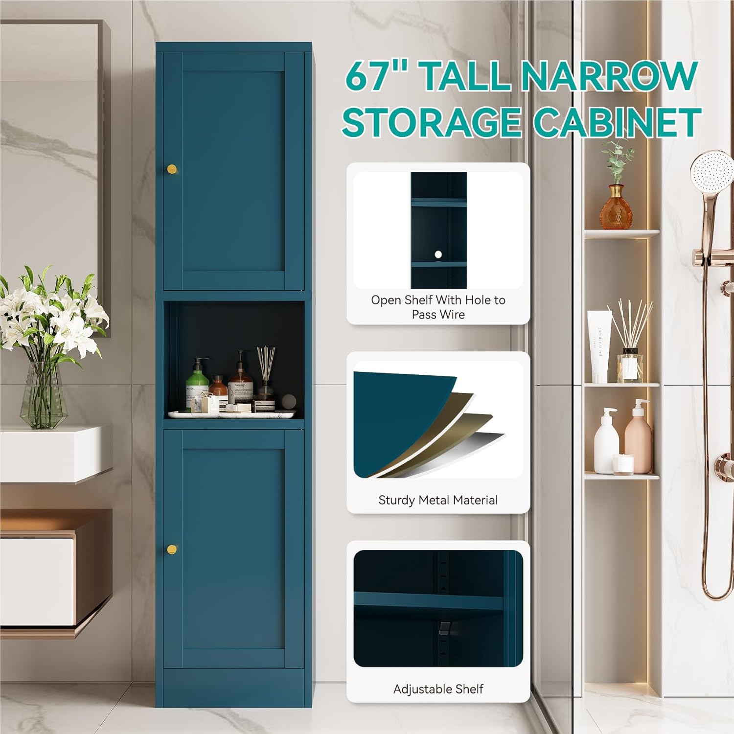 67' Tall Narrow Storage Cabinet with Doors and Open Shelf,Metal Pantry Cabinet,Shaker Style Slim Cabinet with Adjustable Shelves,for Bathroom Kitchen Laundry Small Spaces,Blue, 1Pc