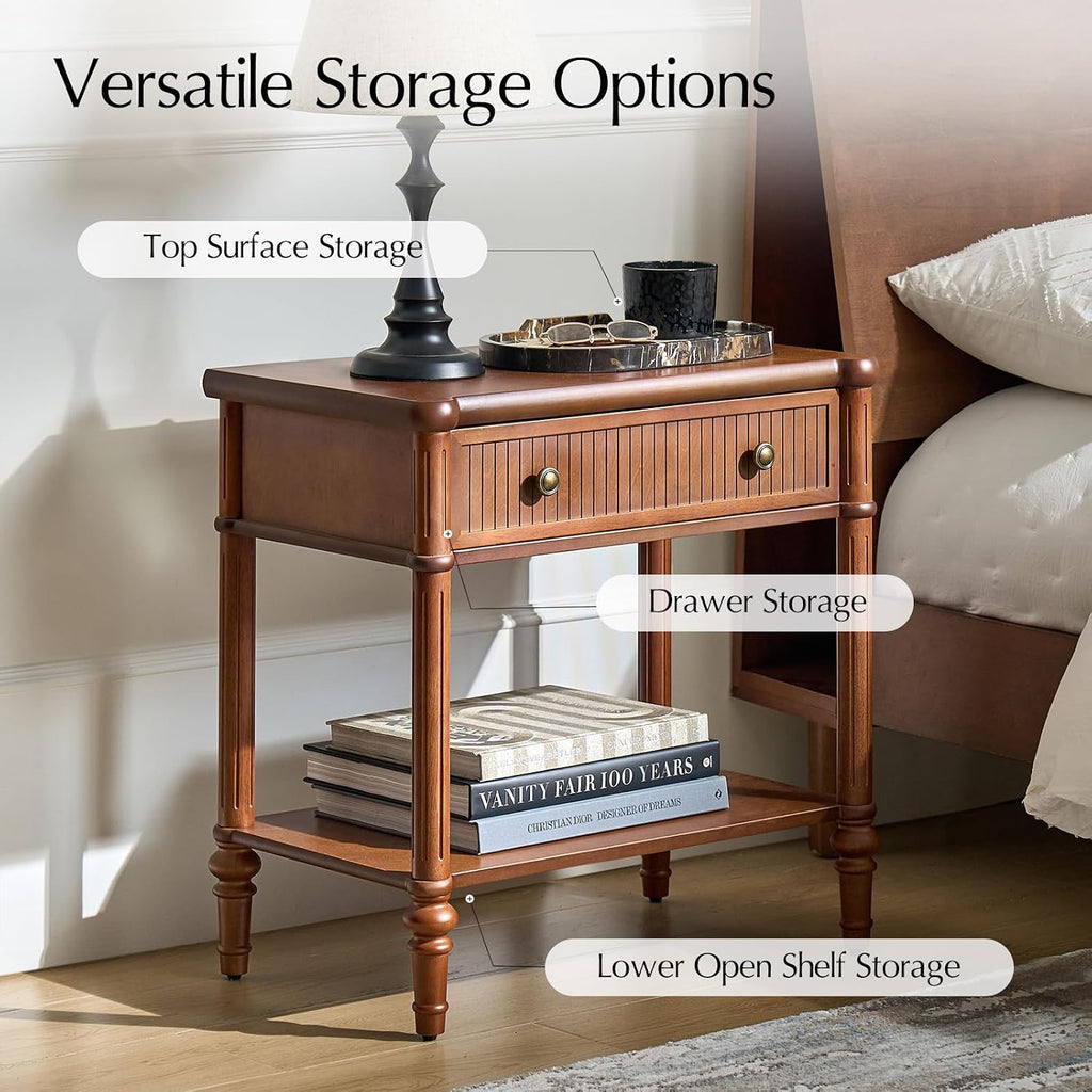 HULALA HOME Traditional End Table with Open Shelf, Fluted Nightstand with Charging Station, Paulownia Wood Drawer Side Table, Brown