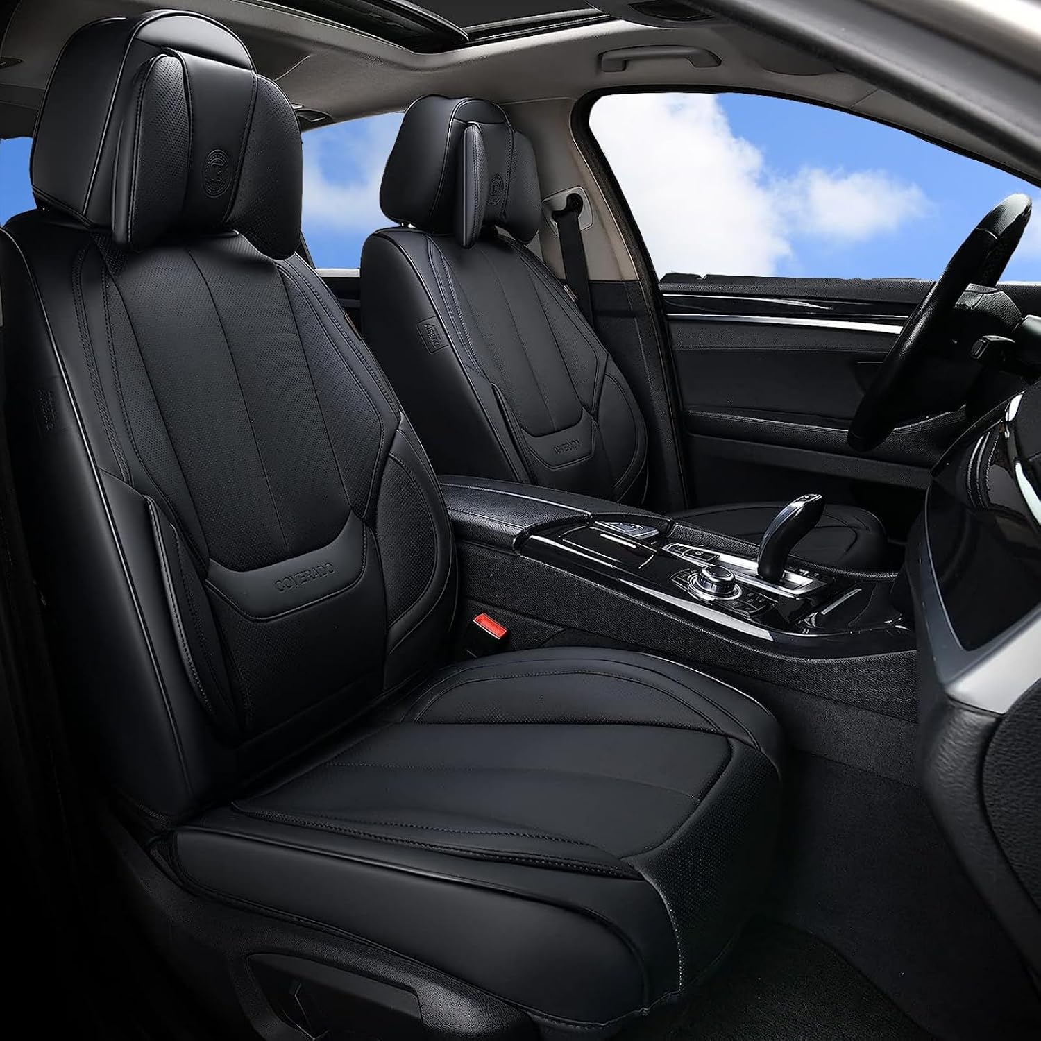 Coverado Universal Seat Covers Front, 2-Pack Universal Seat Covers for Cars, Waterproof Nappa Leather Car Seat Covers with Head Pillow, Auto Protectors Fit for Most Sedans SUV Pick-up Truck-Black