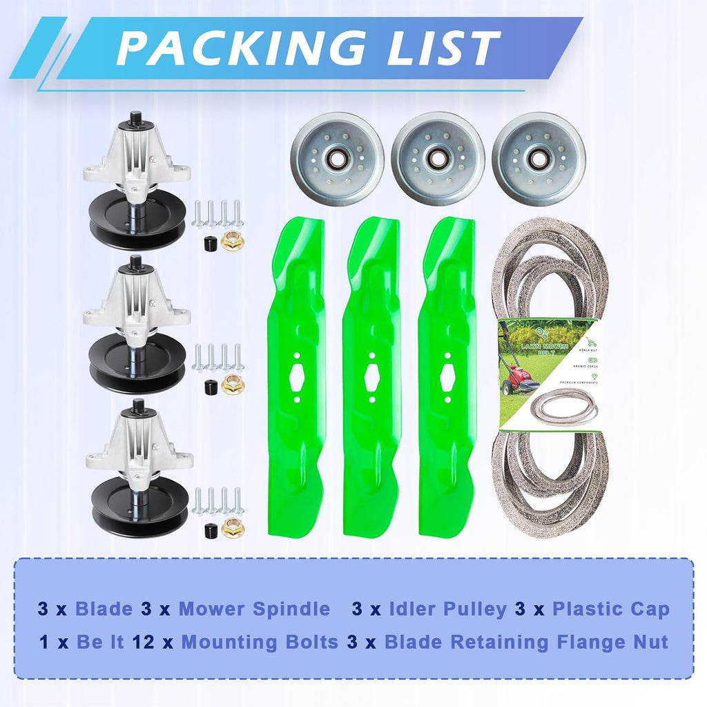 54 inch Deck Spindle Be lt Blade Kit for M TD Cub Ca det Troy Bi lt Crafts man ZT1 ZT2 Z7600 Z5800 Include 3 Spindle 618-09236, 3 Blade 742P05086, 2 Idler GY22082, 1 Be lt 754-04329