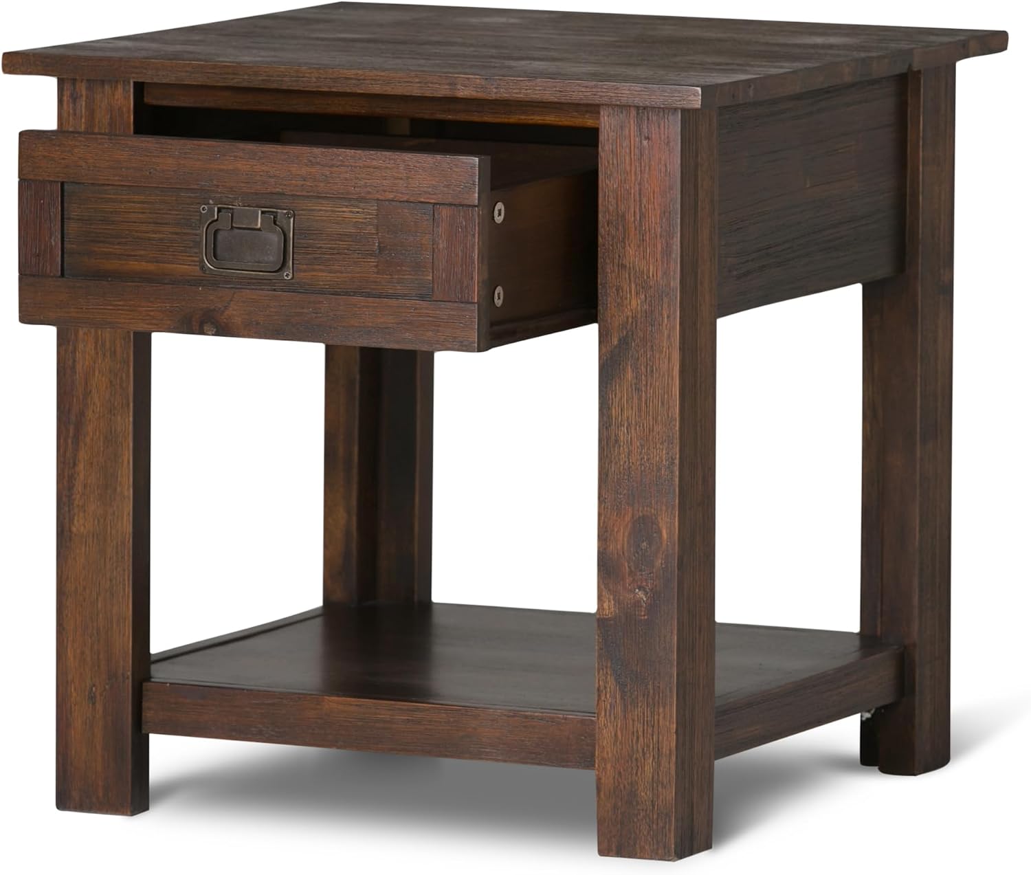 SIMPLIHOME Monroe End Table - 22 inch Wide Solid Acacia Wood Side Table in Distressed Charcoal Brown, Rustic Accent Table for Living Room or Bedroom with Drawer and Shelf