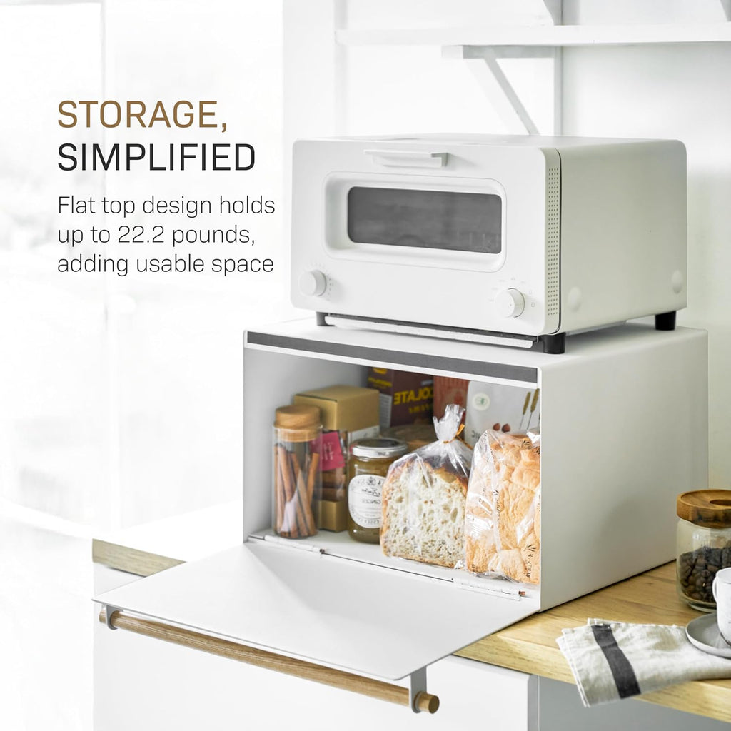 YAMAZAKI Home Modern Bread Box – Steel + Wood Countertop Bread Storage Container, Large White Bread Box for Kitchen Countertop, Space-Saving Bread Keeper, Easy Access Lid