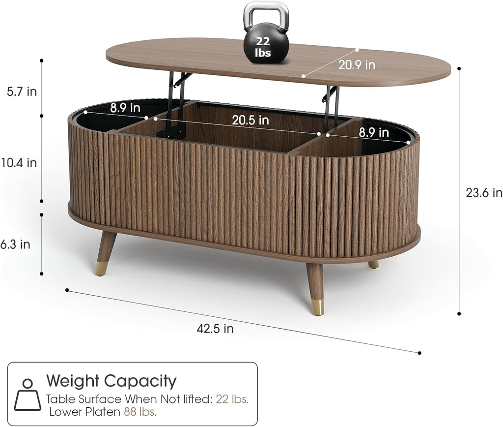 Oval Coffee Table with Storage, 42.5' Fluted Coffee Table with Lifting Top & Solid Wood Legs, Modern Lift Up Center Table for Living Room, Home Office, Walnut