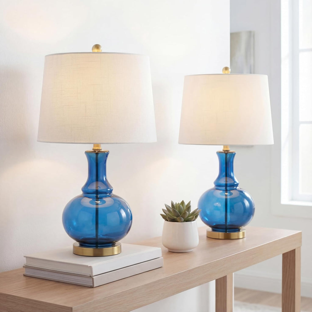 JONATHAN Y 25' Cobalt Blue/Brass Gold and Brass Gold Glass Table Lamp Set of 2 for Bedroom, Modern Bedside Lamp for Living Room Nightstand, White Linen Drum Shade, LED Bulb Included (JYL1068C-SET2)