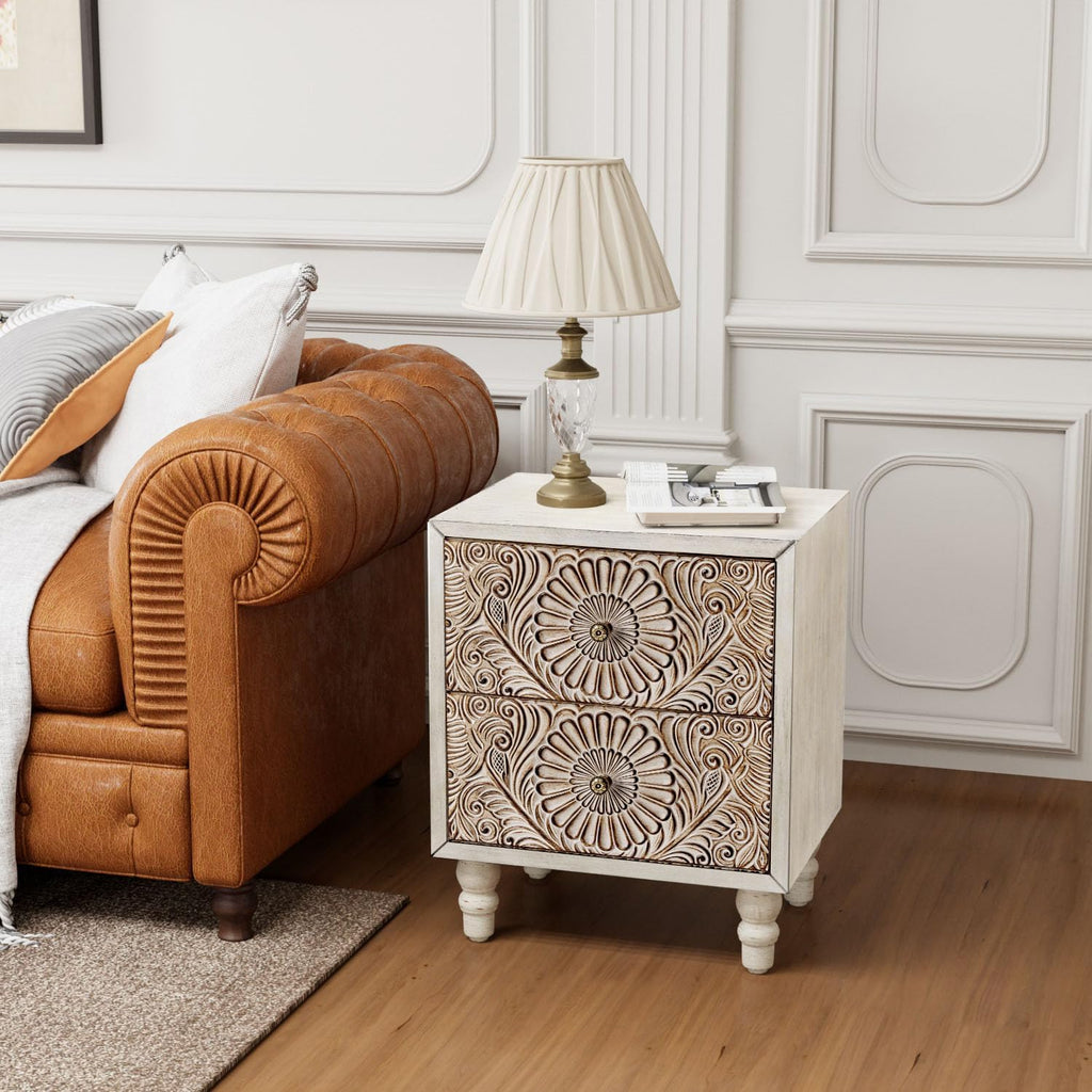 COSIEST Nightstand, 14' D x 18' W x 21.5' H MDF End Table with 2 Drawers, Vintage Style Wood Bedside Table, Bedroom Accessories for Home, Office, College Dorm