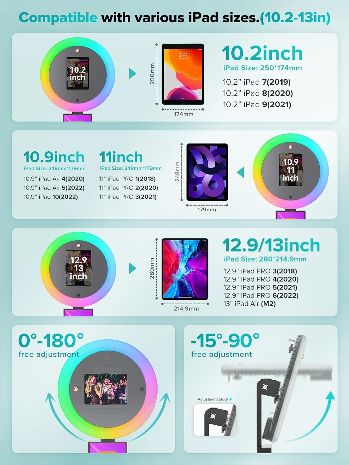 Portable Photo Booth Stand, 22' RGB Light, Open Air Booth for Events | Music Sync Ring, APP AI Face Detection, External Printer Support, Fits 7.9'-13' Tablets, Flight Case