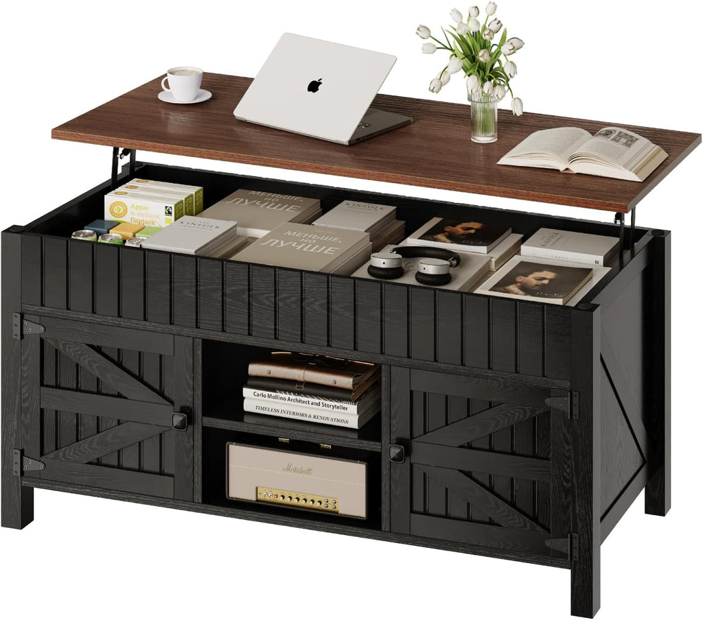 47.3' Lift Top Coffee Table with Storage - Black Coffee Tables for Living Room, Farmhouse Wood Center Table, Large Rectangle Middle Tables with Hidden Compartment & Adjustable Shelf