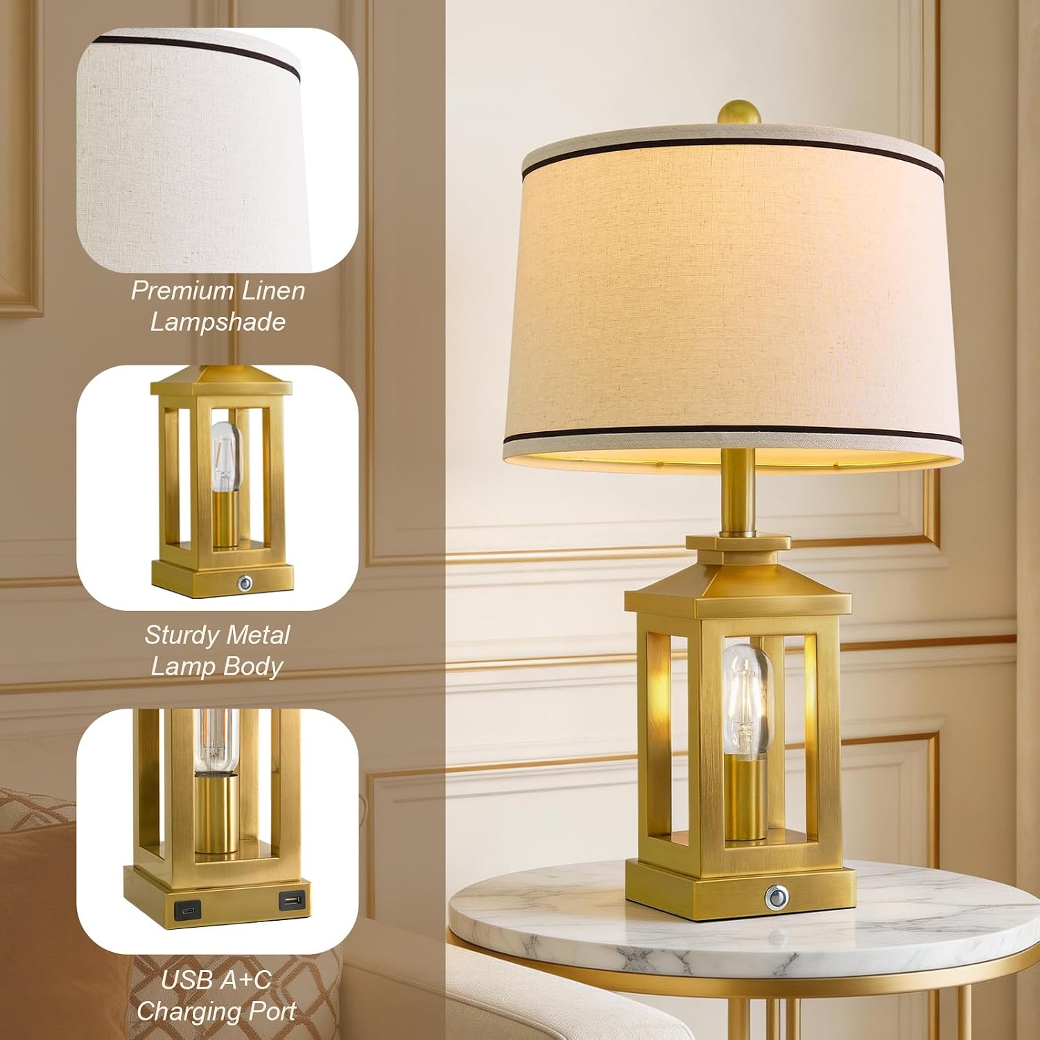 G-SAFAVA 24' Table Lamps for Living Room Bedroom Modern Gold Bedside Lamps Set of 2 Nightstand Lamps for Night Stands 3 Way Dimmable Touch Lamp with USB C+A Ports and 2 Light Sources, 4 Bulbs Includes