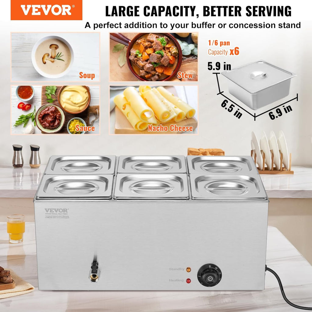 VEVOR 6-Pan Commercial Food Warmer, 24QT Electric Steam Table, 1200W Professional Countertop Stainless Steel Buffet Bain Marie with 86-185°F Temp Control for Catering and Restaurants, Silver