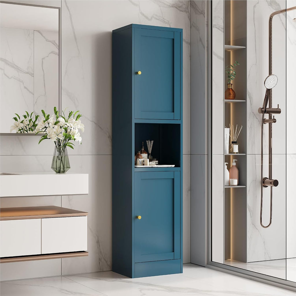 67' Tall Narrow Storage Cabinet with Doors and Open Shelf,Metal Pantry Cabinet,Shaker Style Slim Cabinet with Adjustable Shelves,for Bathroom Kitchen Laundry Small Spaces,Blue, 1Pc