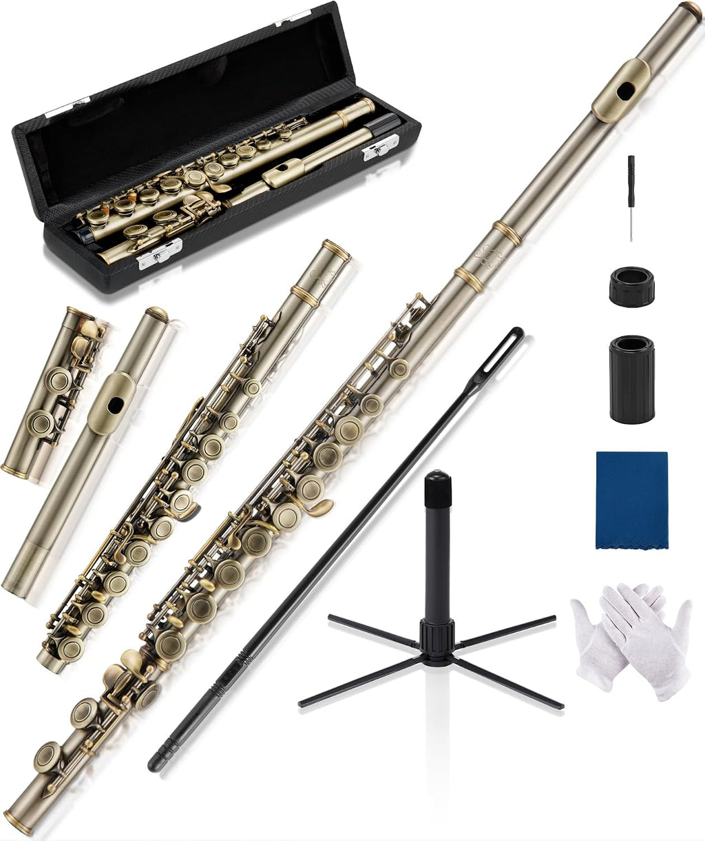 AKLOT Closed-Hole Concert C Flute: Flute Instrument with 16 Keys, Offset G, Smooth Cupronickel Keys, Air-Tight Pads, Include Stylish Leather Hard Case, Cleaning Kit, Stand, Gloves (LUM-AR)