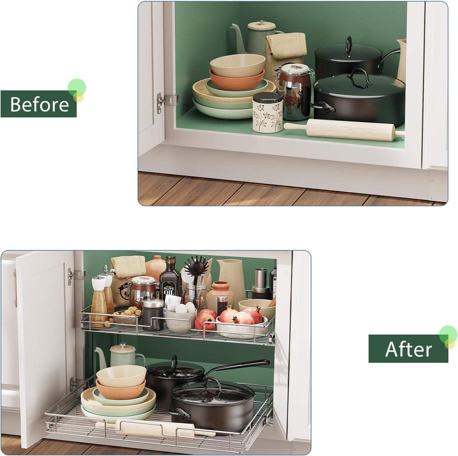LOVMOR 2 Tier Individual Pull Out Cabinet Organizer 27' W x 21½' D, Slide Out Kitchen Cabinet Storage Sliding Shelves