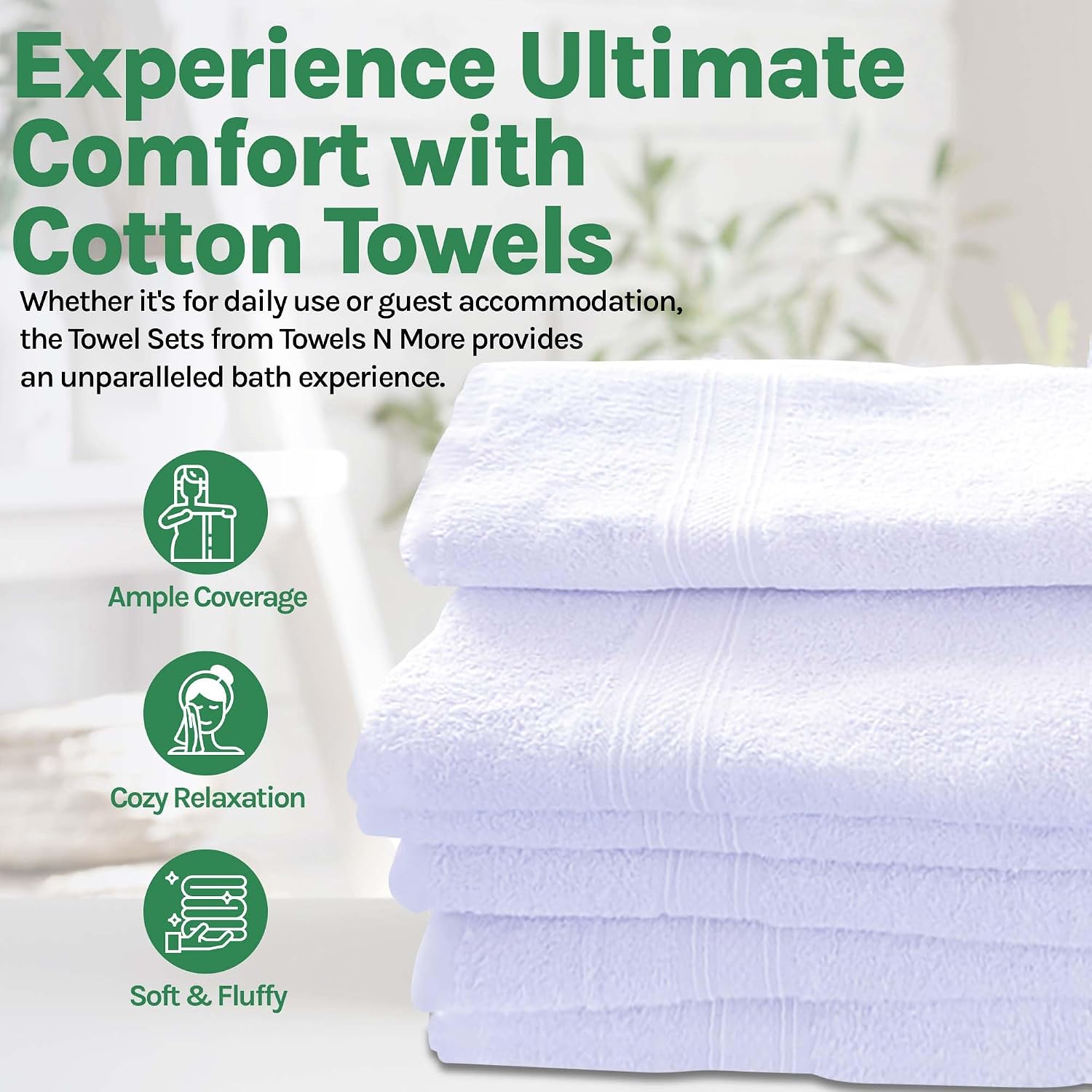Towels N More 24x48 White Bath Towels - 60 Pack Premium Cotton, Lightweight Soft for Adults, Absorbent Set Ideal for Bathroom, Home, Spa, Hotels/Motels, & Gym Use