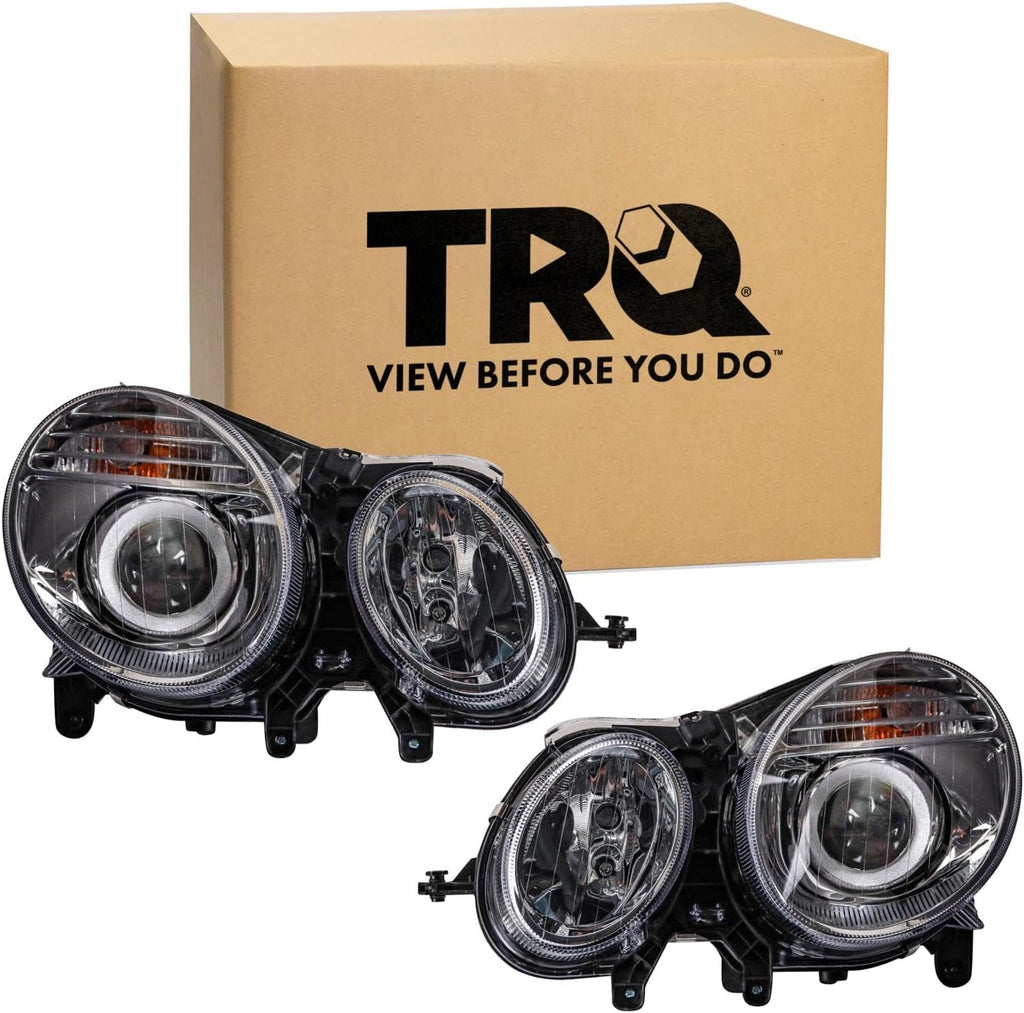TRQ 2 Piece Headlight Assembly Set Chrome Bezel Driver & Passenger Side Compatible with Mercedes Benz E320 E350 E550 E63 AMG 2007-2009 MB2500100 MB2501100 2118203361 2118203461