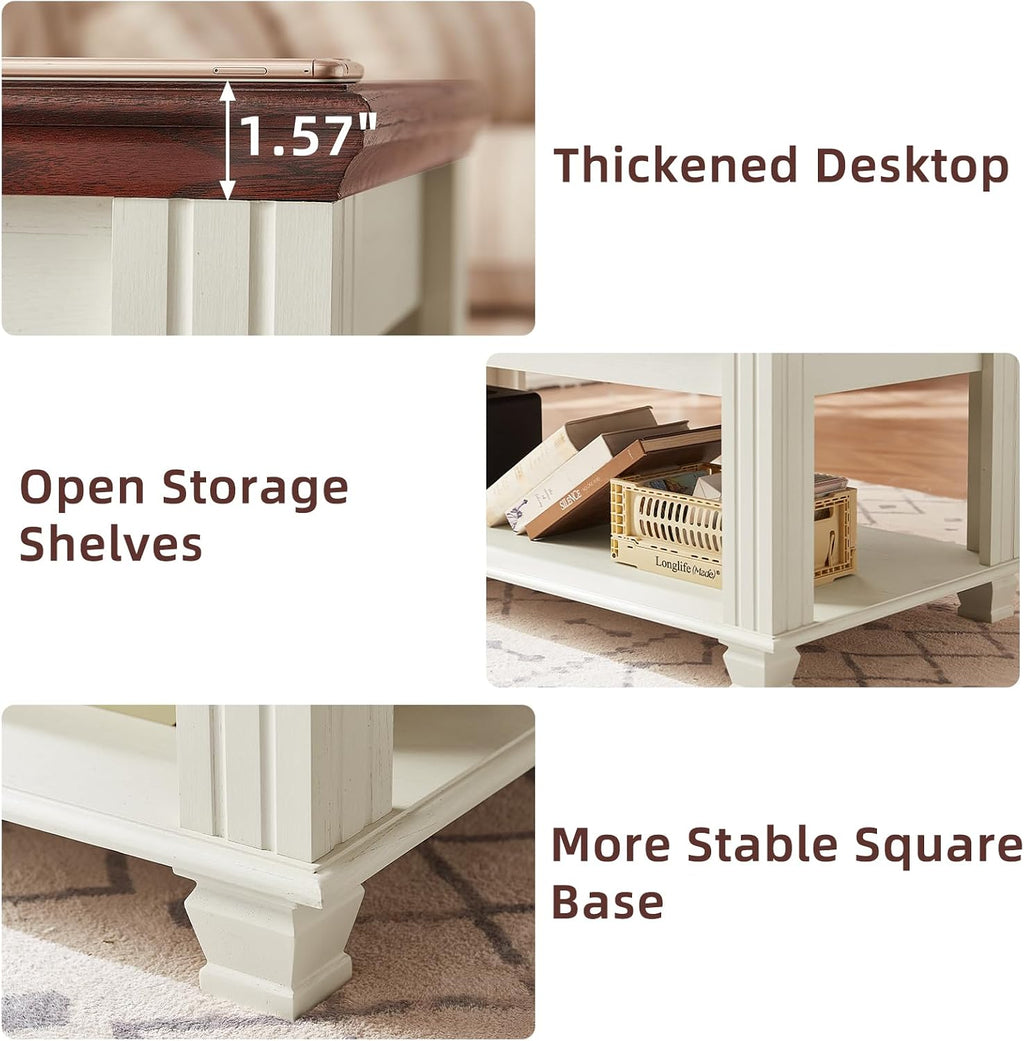 SAVOR LIFE Farmhouse Coffee Tables for Living Room,Square Tea Table with Open Storage Shelf,Large Coffee Table,Rustic Wooden Center Table,White