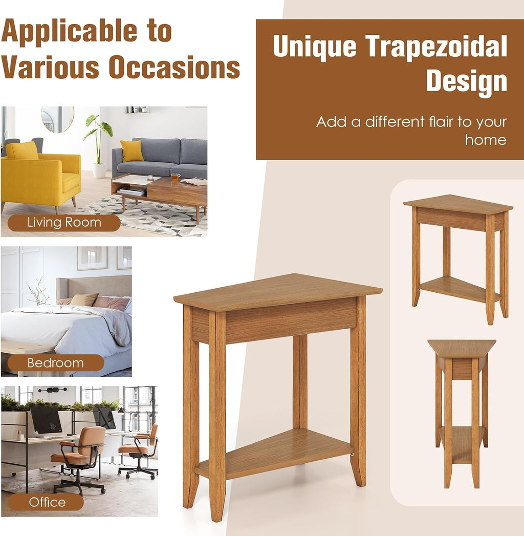 Giantex Wedge End Table, Triangle Side Table with Storage Shelf and Solid Wood Legs, 24.5' Tall Nightstand, Modern Narrow Accent Recliner Table for Small Space Living Room, Walnut