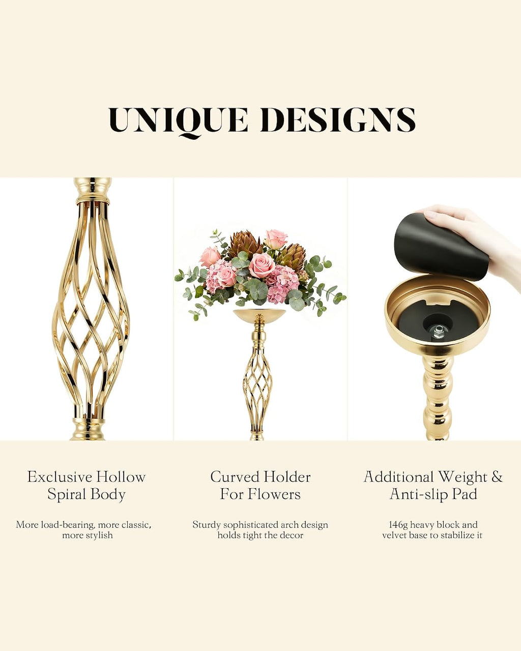 12 Pcs Tall Gold Vase Centerpieces for Table Wedding Vase - 22.8' Tall Quinceanera Centerpieces for Table- Gold Flower Centerpiece Stands- with Spiral Shape & 146g Weighted Base