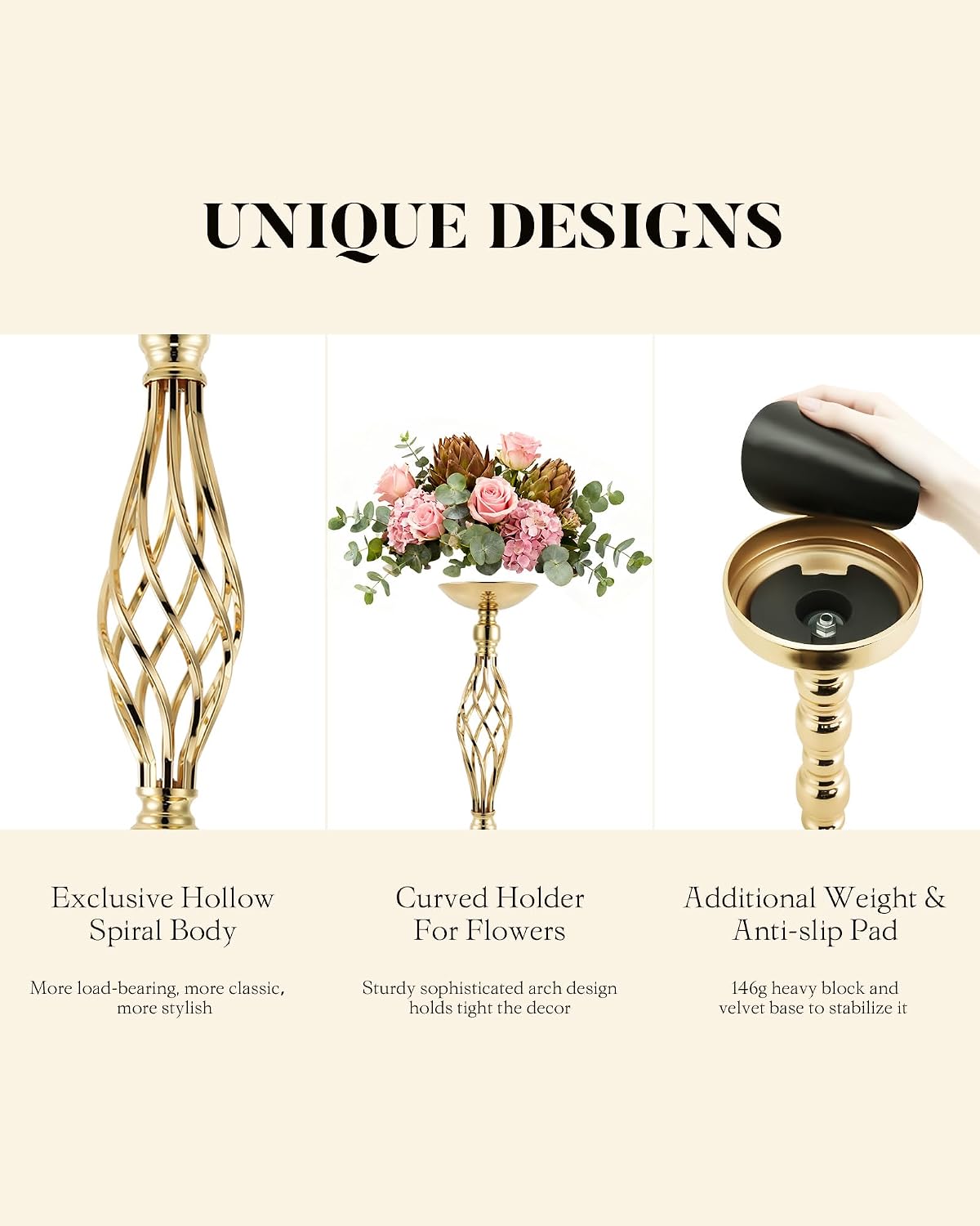 12 Pcs Tall Gold Vase Centerpieces for Table Wedding Vase - 22.8' Tall Quinceanera Centerpieces for Table- Gold Flower Centerpiece Stands- with Spiral Shape & 146g Weighted Base