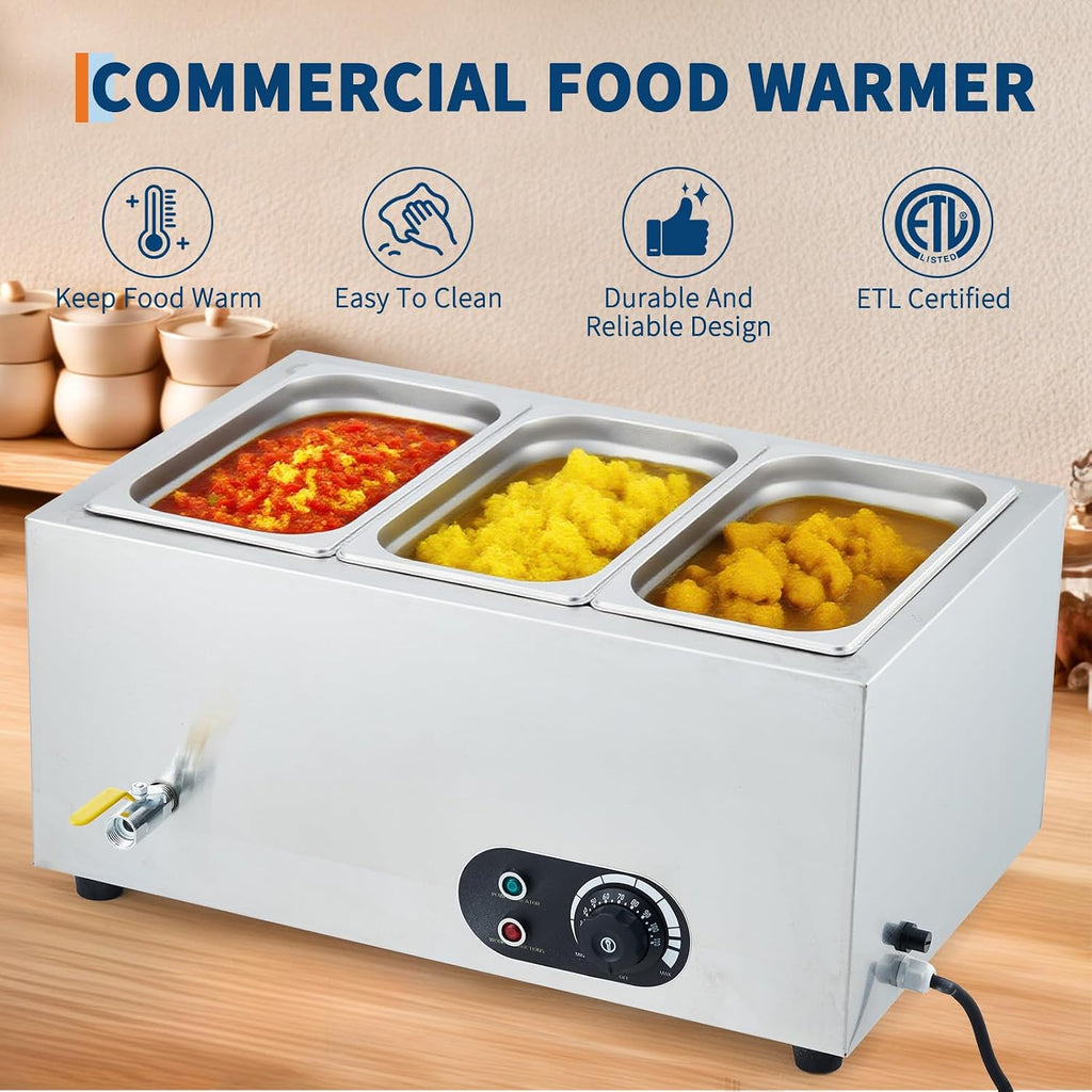Commercial Food Warmer Stainless Steel 1500W Electric Buffet Server Bain Marie,3-Pan Catering Hot Food Station for Restaurants, Hotels, Banquets