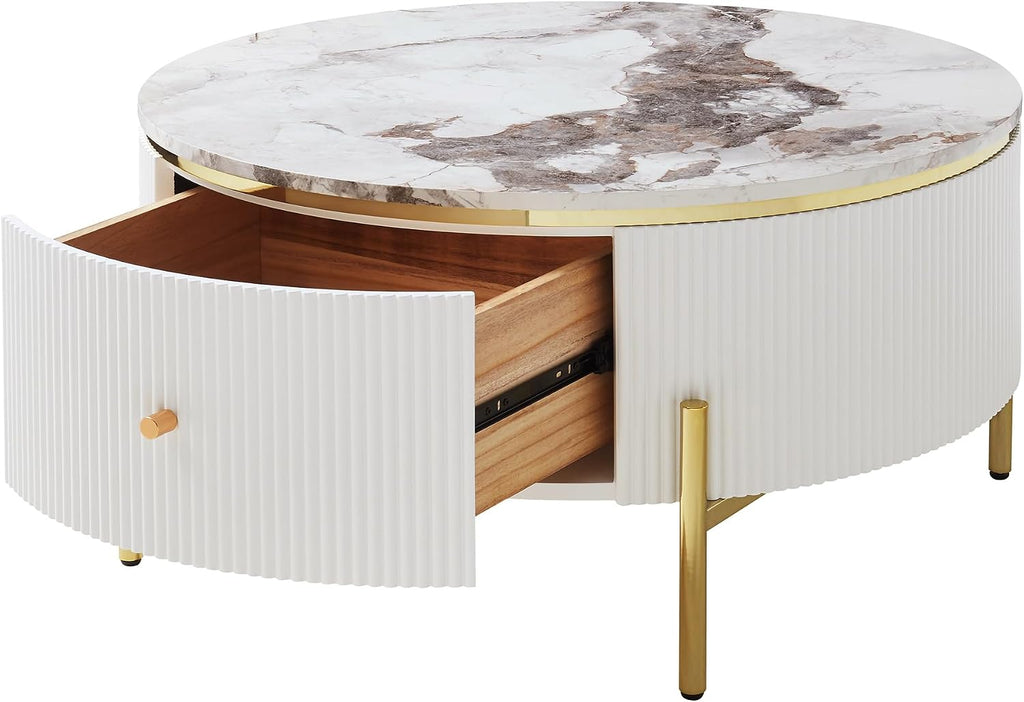 Merax 31.5'' Round Wood Coffee Table, with 2 Large Drawers Storage, Modern Marble Top, with Gold Metal Legs Center Tables for Living Room Apartment, Off White