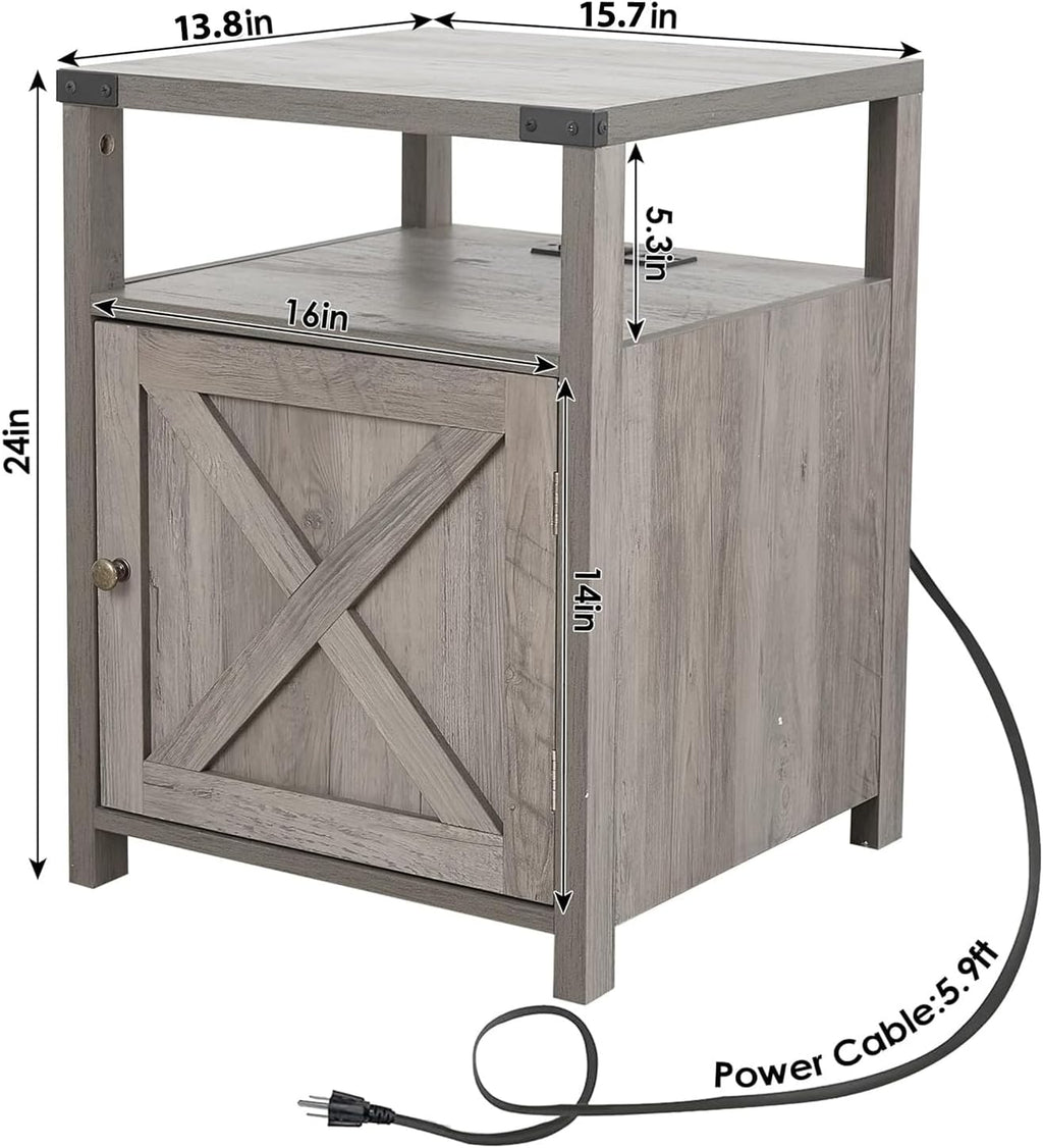Farmhouse Nightstand Set of 2 with Charging Station, Rustic End Table Bedroom with Storage Living Room Side Table Dark Oak Night Stand Industrial Bedside Bed Table with USB Ports and Outlets