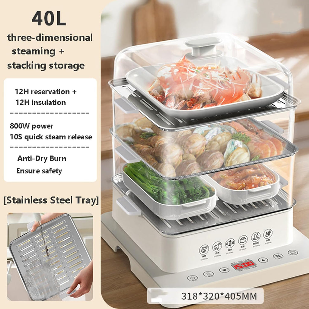 Electric Food Steamer, 3-Layer Cookware, 40L Capacity, Foldable Hot Food Heater, Automatic Steamer with 12 Hours Heat Preservation, Ideal for Cooking and Food Preparation