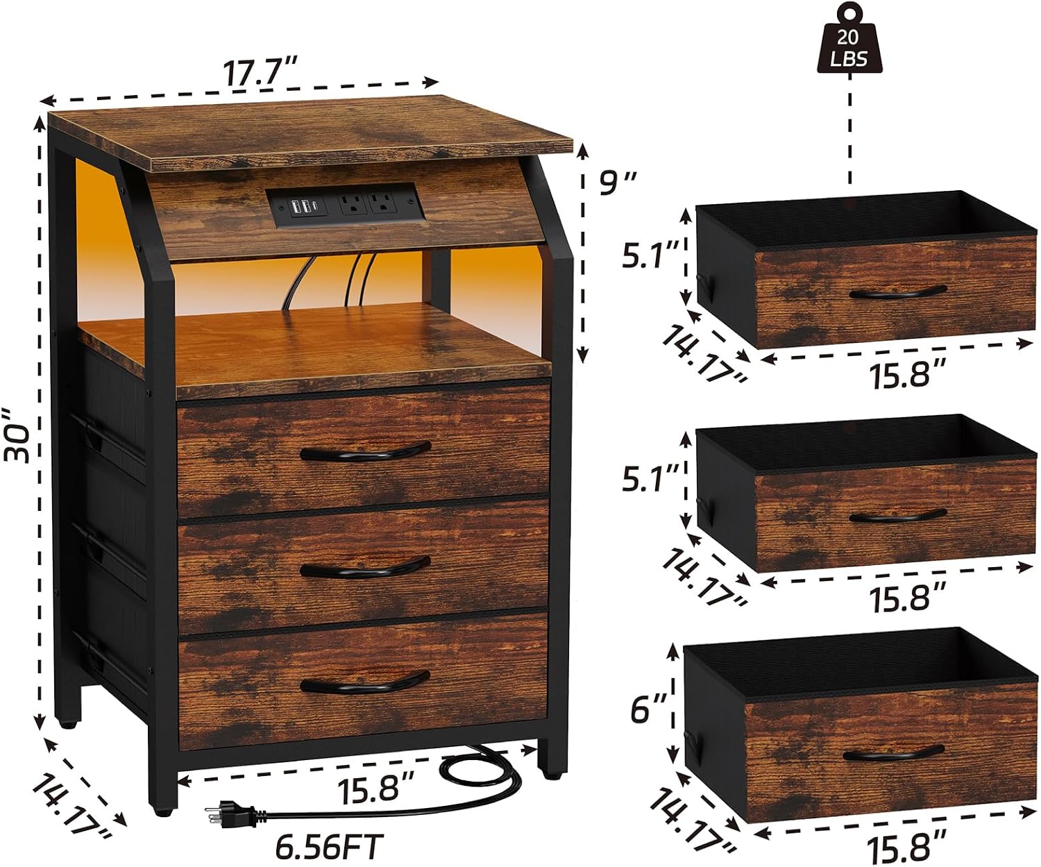 SZLHANJZ End Tables Set of 2, Nightstands with Charging Station and LED Lights, 3 Drawers Fabric Bedside Table, Storage Side Tables for Bedside, Living Room, Rustic Brown